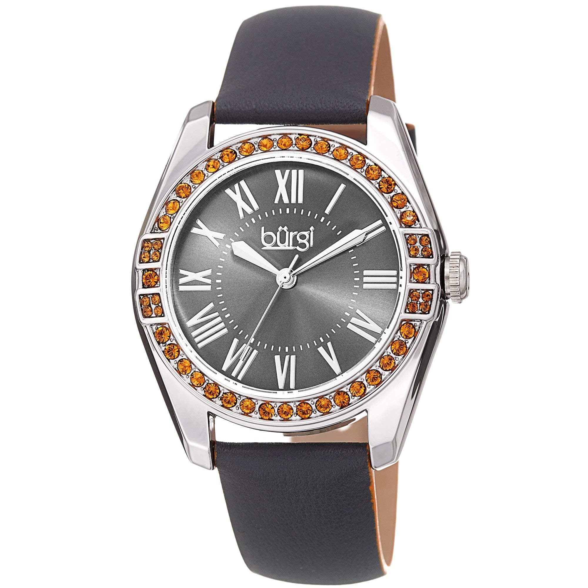 Burgi Women's BUR206 Watch - Swarovski Crystal Studded Bezel - Skinny Genuine Leather Strap with Colored Edges - Classic Roman Numerals On Sunray Dial