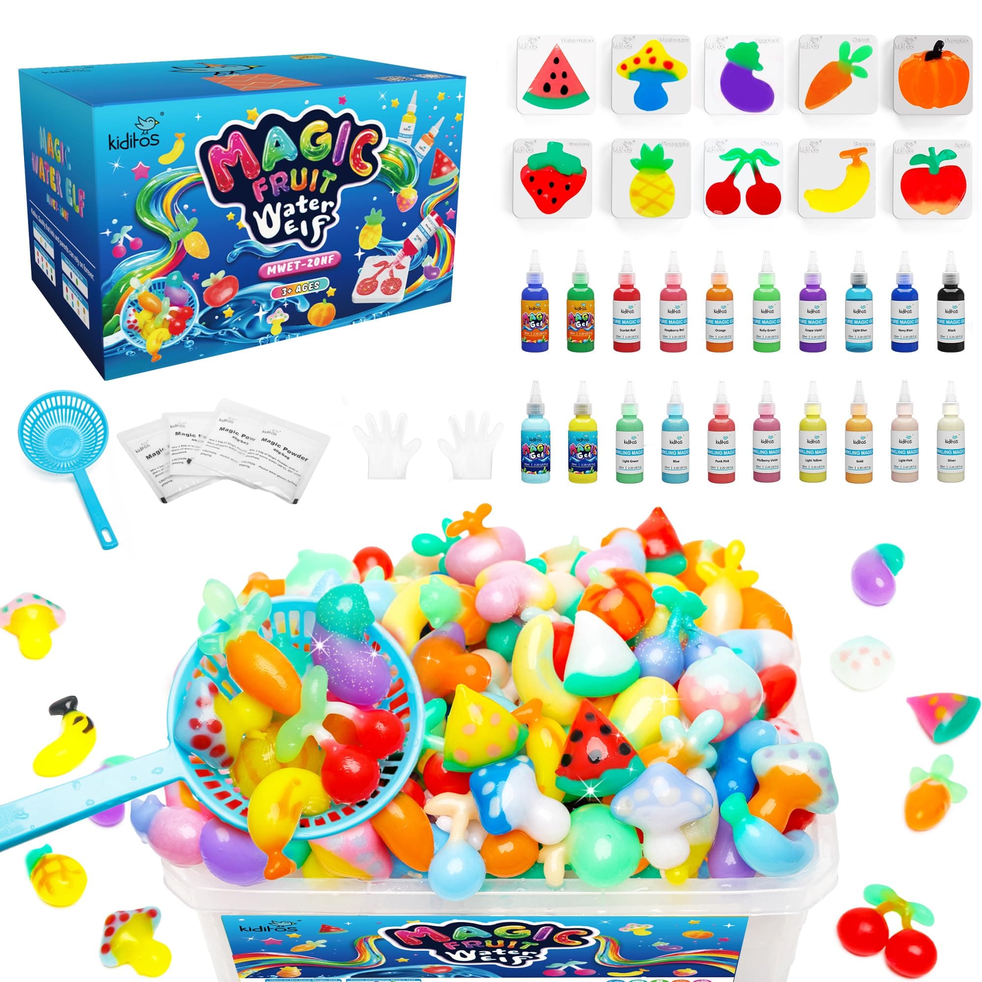 Kiditos Fruit Magic Water Elf Toy Kit–Squishies for Kids, 20 Gels & 10 Molds, Magic Gel Water Pets Sensory Toy, Fun DIY Craft Kit, Party Favors, Birthday & Christmas Gifts for Kids Ages 3+