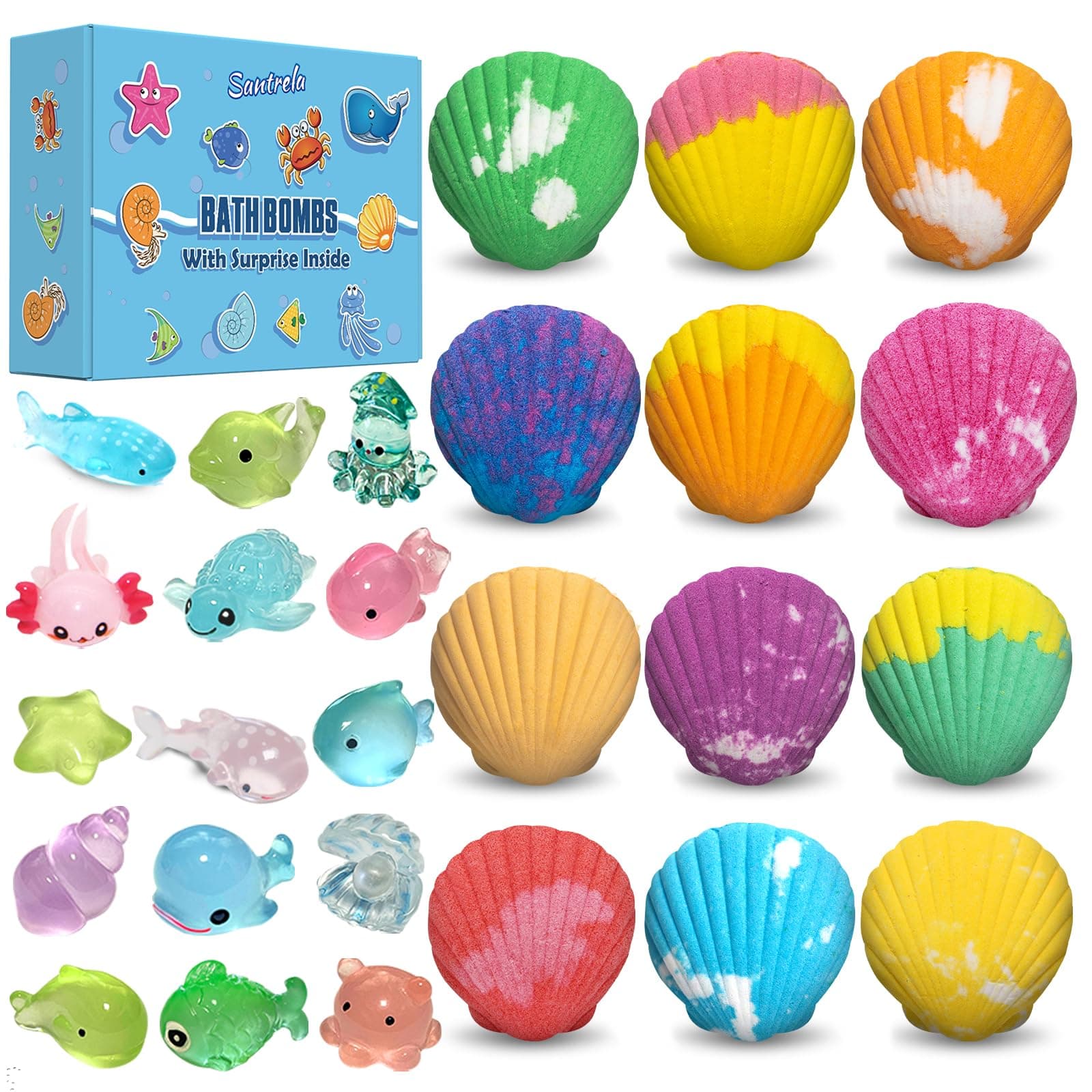 Bath Bombs for Kids with Surprise Toys Inside, 12 Pack Shell Kids Bath Bombs Gift Set for Girls Boys Birthday, Easter, Christmas, Halloween, Handmade Organic Bath Fizzy Bomb with Sea Animal for Child