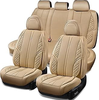 CAR PASS Nappa Leather Car Seat Covers Full Set Waterproof Protector Durable Cushioned,Universal Fit for Sedan SUV Pick-up Truck,Automotive, Anti-Slip and Backseat Luxury Premium (Light Beige)
