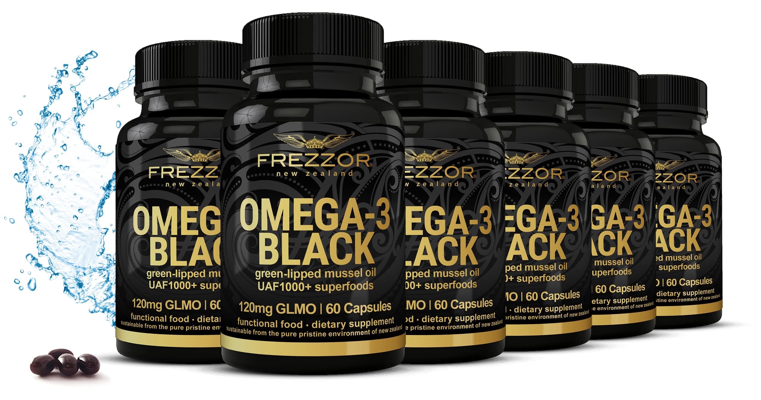 FREZZOR Omega 3 Black Health Supplement - Green lipped Mussel For Humans, Made in New Zealand, UAF1000+, Anti Inflammatory & Joint Pain Relief Supplement, No Fishy Aftertaste, 450mg, 6-Pack, 360 Count