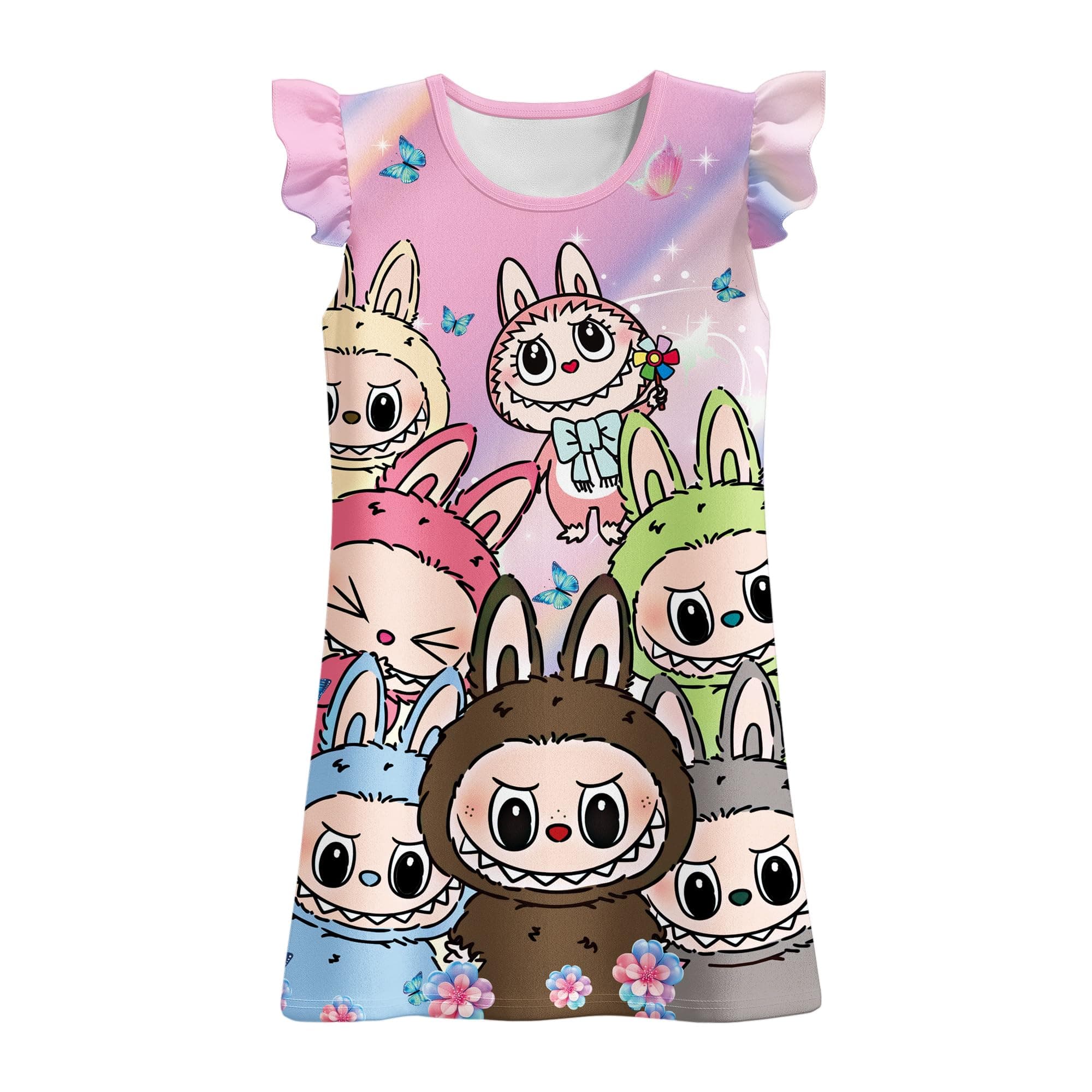 Girls Cartoon Gown Dress Flutter Sleeves Kids Round Neck Birthday Party Oufits Wear 5-12 Years