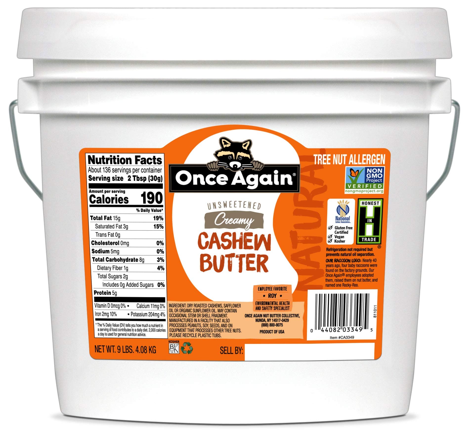 Once Again Natural Creamy Cashew Butter, 9lb (same as 9 jars) - Unsweetened - Peanut Free, Gluten Free Certified, Vegan, Kosher