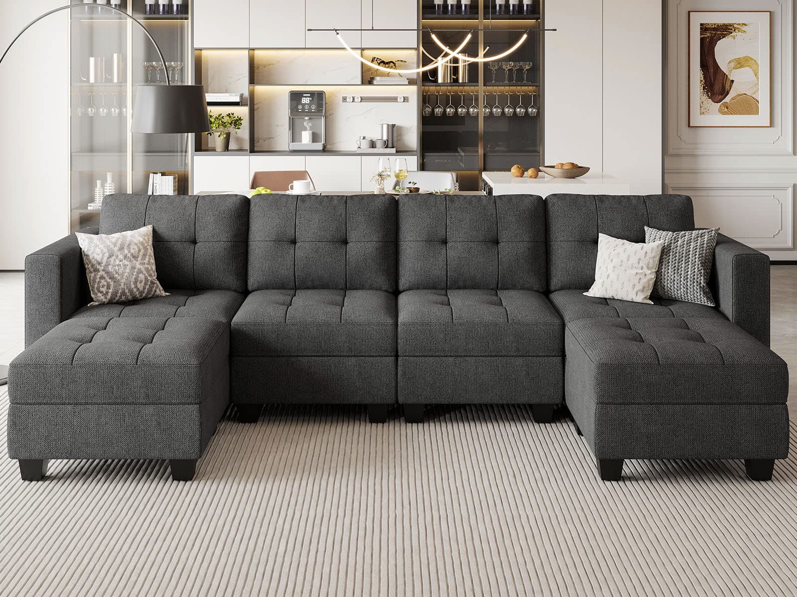 Belffin Reversible Storage Modular U-Shape Sectional Sofa Couch with Double Chaises Modular Sectional Sofa Set with Ottomans Fabric Dark Grey
