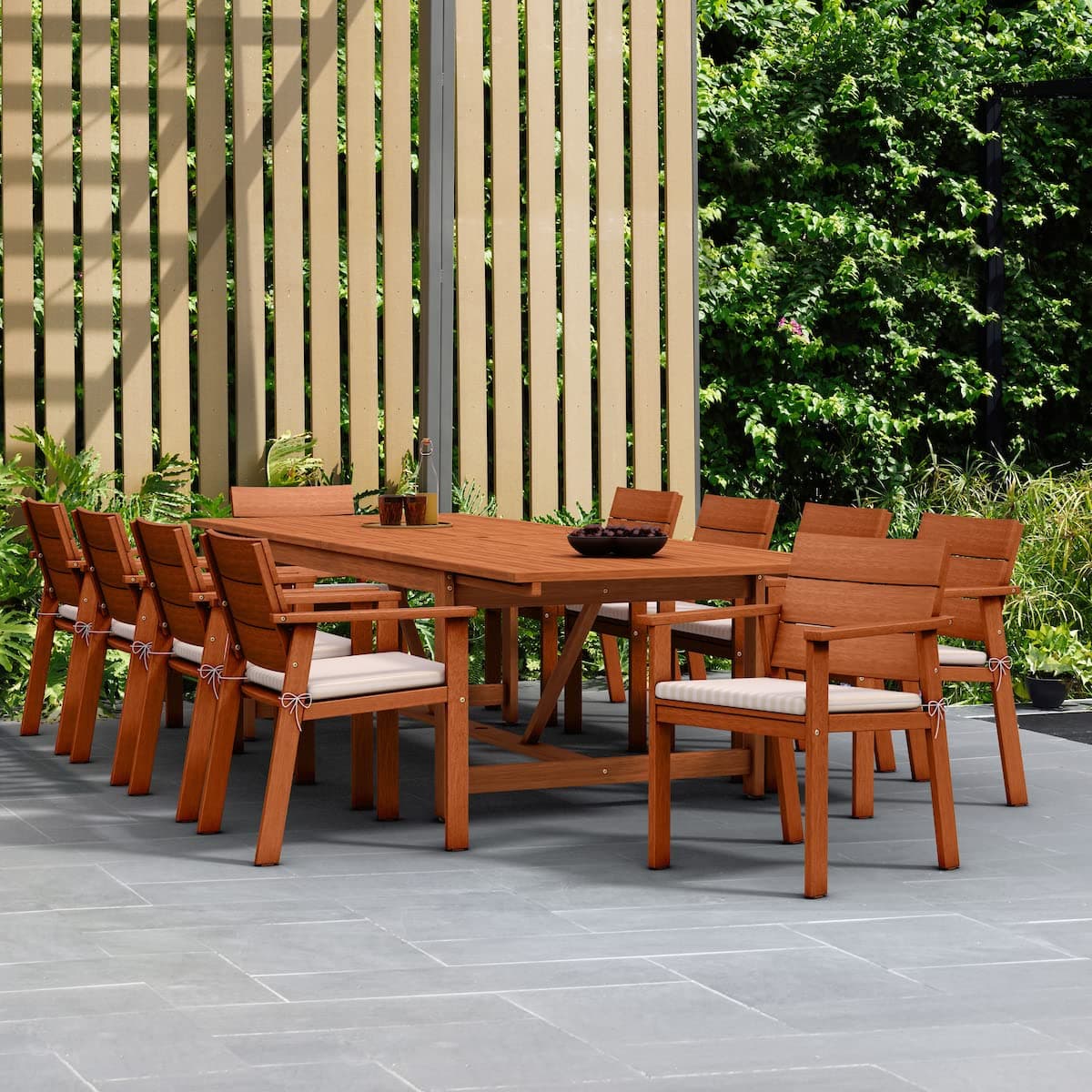 Brampton 11-Piece Patio Extendable Dining Table Set | Eucalyptus Wood and White Cushions | Ideal for Outdoors and Indoors, Brown