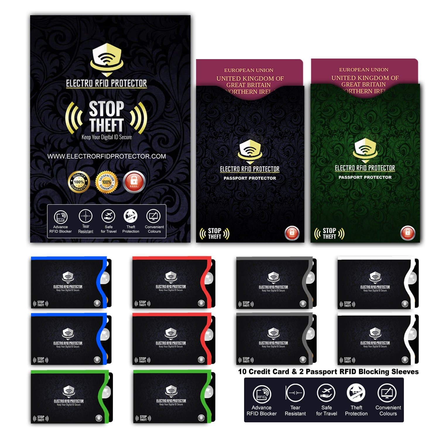 RFID Blocking Credit, Debit, Master Cards, ID Card Sleeves with Passport Holders (Set of 12) | Tear Resistant & Colour Coded | Slim Convenient Travel Protection RFID & NFC Shield & Security