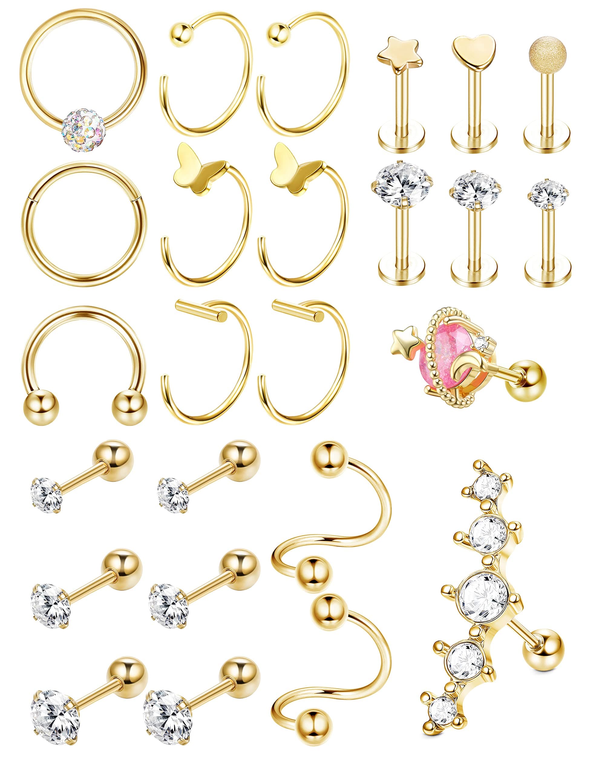 Kakonia25Pcs 16-20G Helix Piercings Jewellery for Women Gold Silver Stainless Steel Helix Cartilage Tragus Earrings Stud Hoop Earrings CZ Star Heart Piercings Jewellery for Women