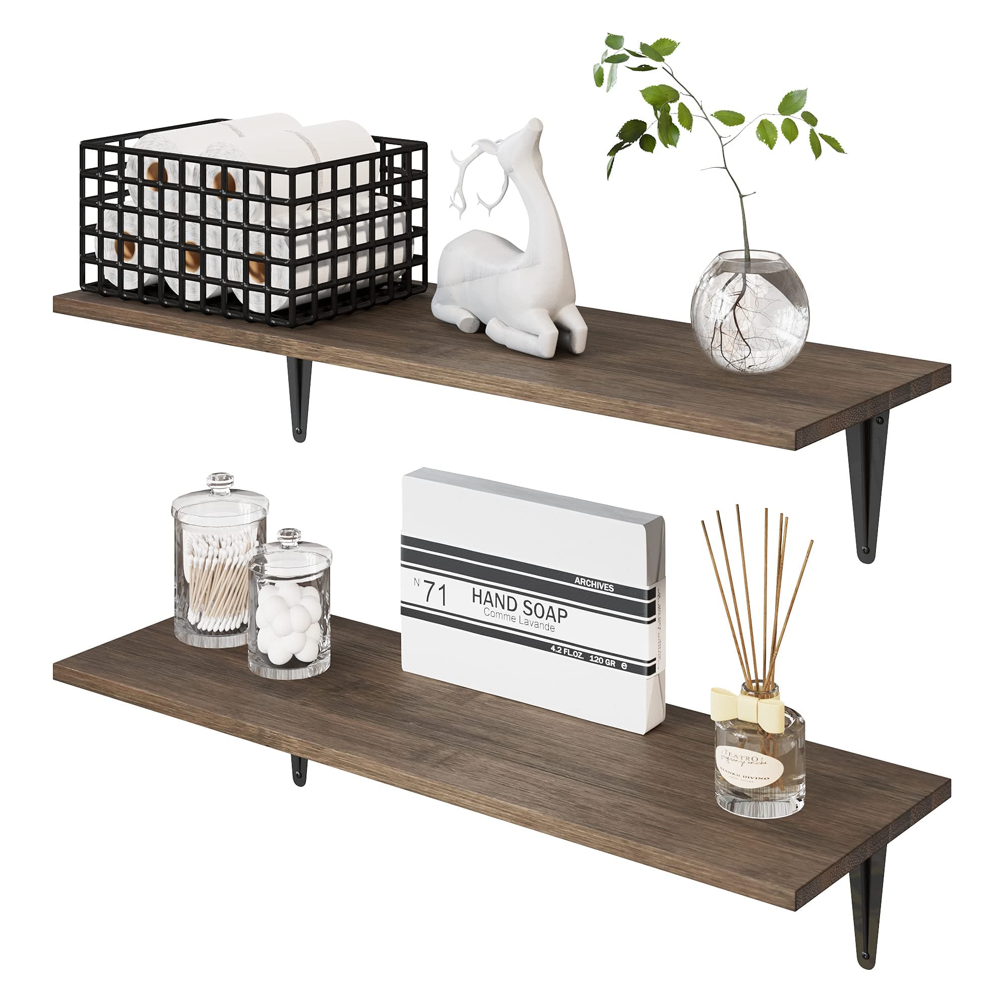 BAMFOX Floating Shelves Wall Mounted Set of 2, Rustic Bamboo Wall Storage Shelves for Bedroom, Living Room, Bathroom, Kitchen, Office and More … (Mocha, Width 7.7)