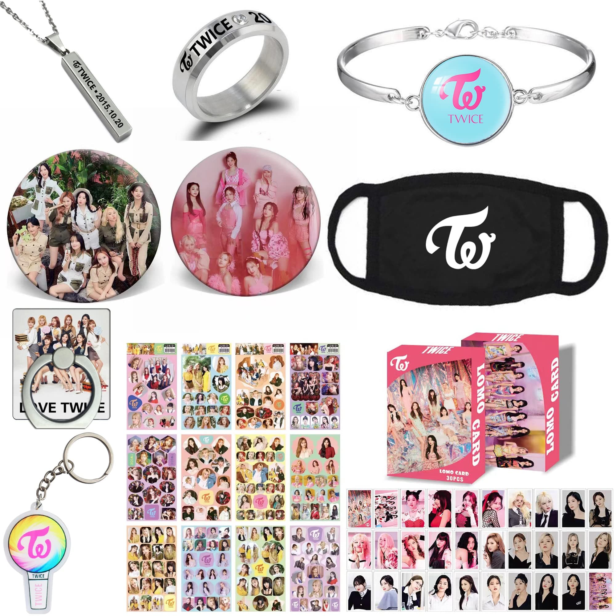 Kpop Twice Gifts Set, Twice Photocard, Stickers, Bracelet, Face Shield, Rings, Pendant Necklace, Button Pin, Phone Ring Holder, Keychain