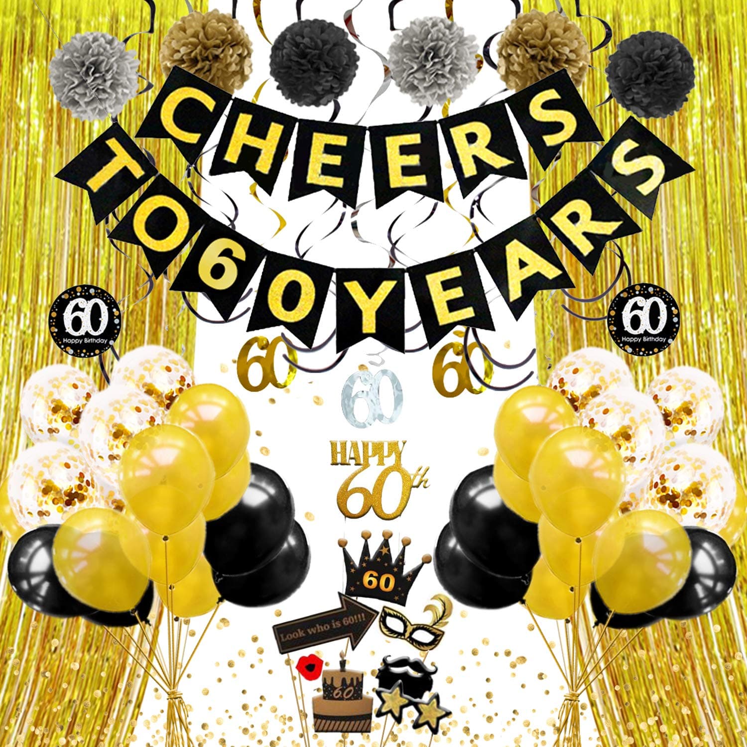 Rizell 60th Birthday Decorations for Men Women - Cheers to 60 Years Banner, Gold Black Silver Pom Poms, Swirls, Cake Topper, Photo Props, Backdrop, Balloons, Confetti, 60th Anniversary Decorations