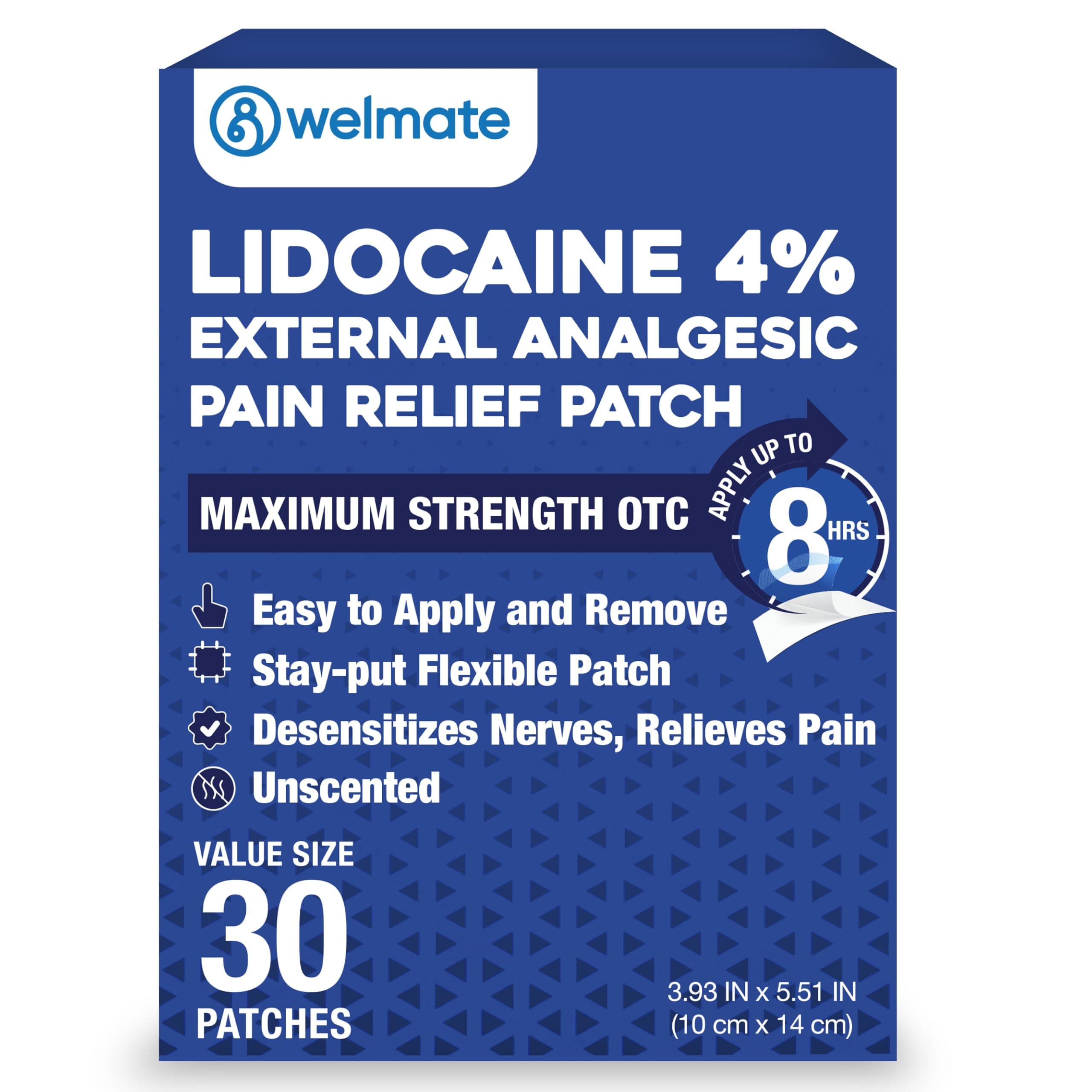 WELMATE - 4% Lidocaine Numbing Patch - Maximum Strength - Temporary Relief of Pain, Back, Neck, Shoulders, Knees, Elbows, Minor Skin Irritations - Topical Analgesic Unscented - 30 ct