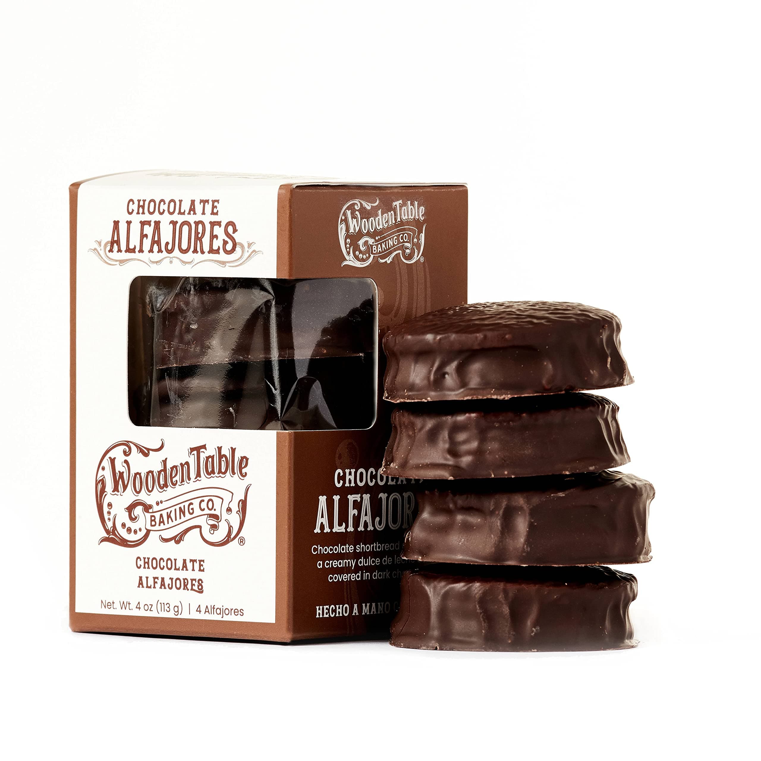 Gourmet Chocolate Alfajores – Argentine Dulce de Leche Sandwich Cookies Dipped in Semisweet Chocolate | Wooden Table Baking | Box of 4