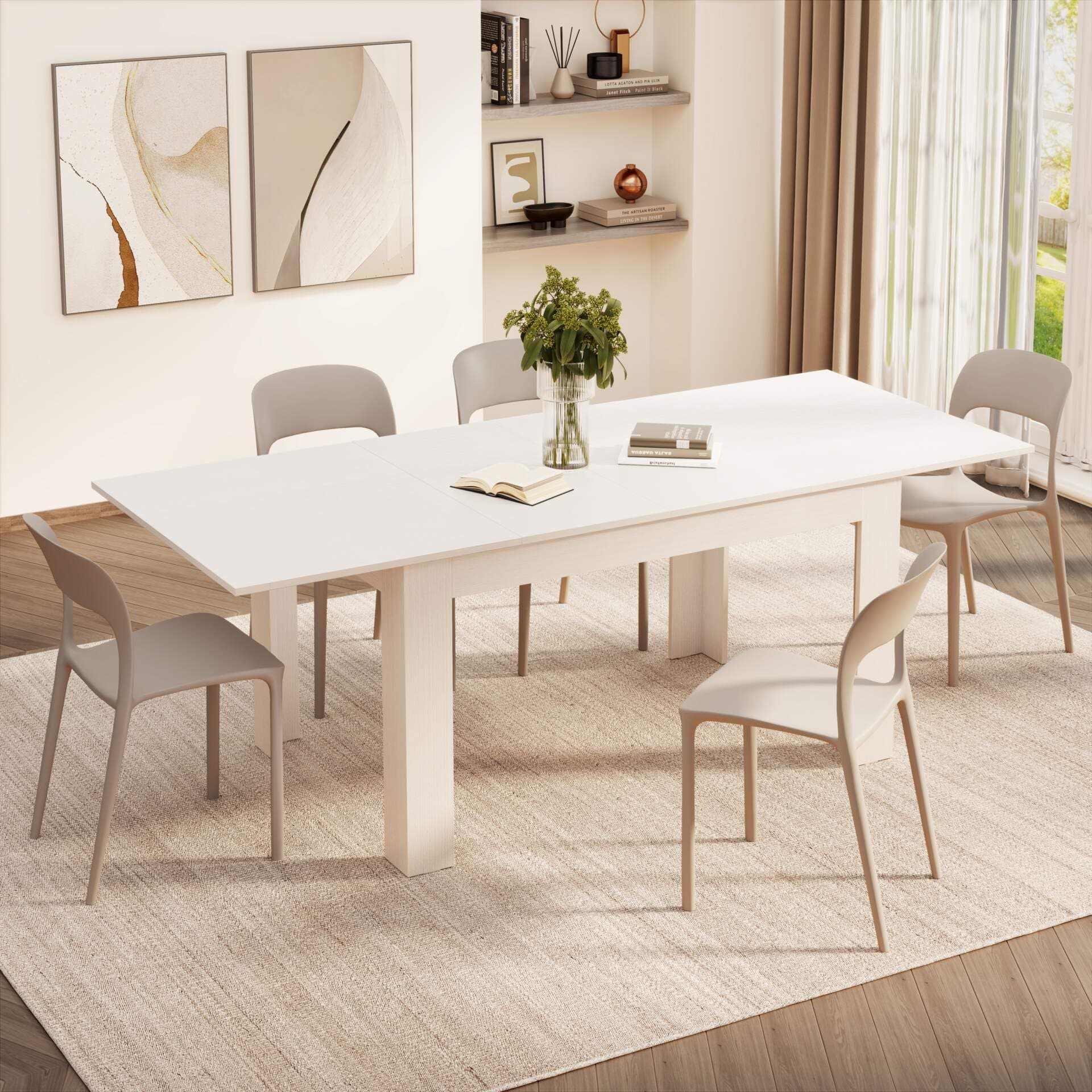 Easy, Extendable Dining Table, 55.1(86.6) x35.4 in, Ashwood White, for 6-8 People, Expandable Dining Table for Kitchen, Italian Furniture