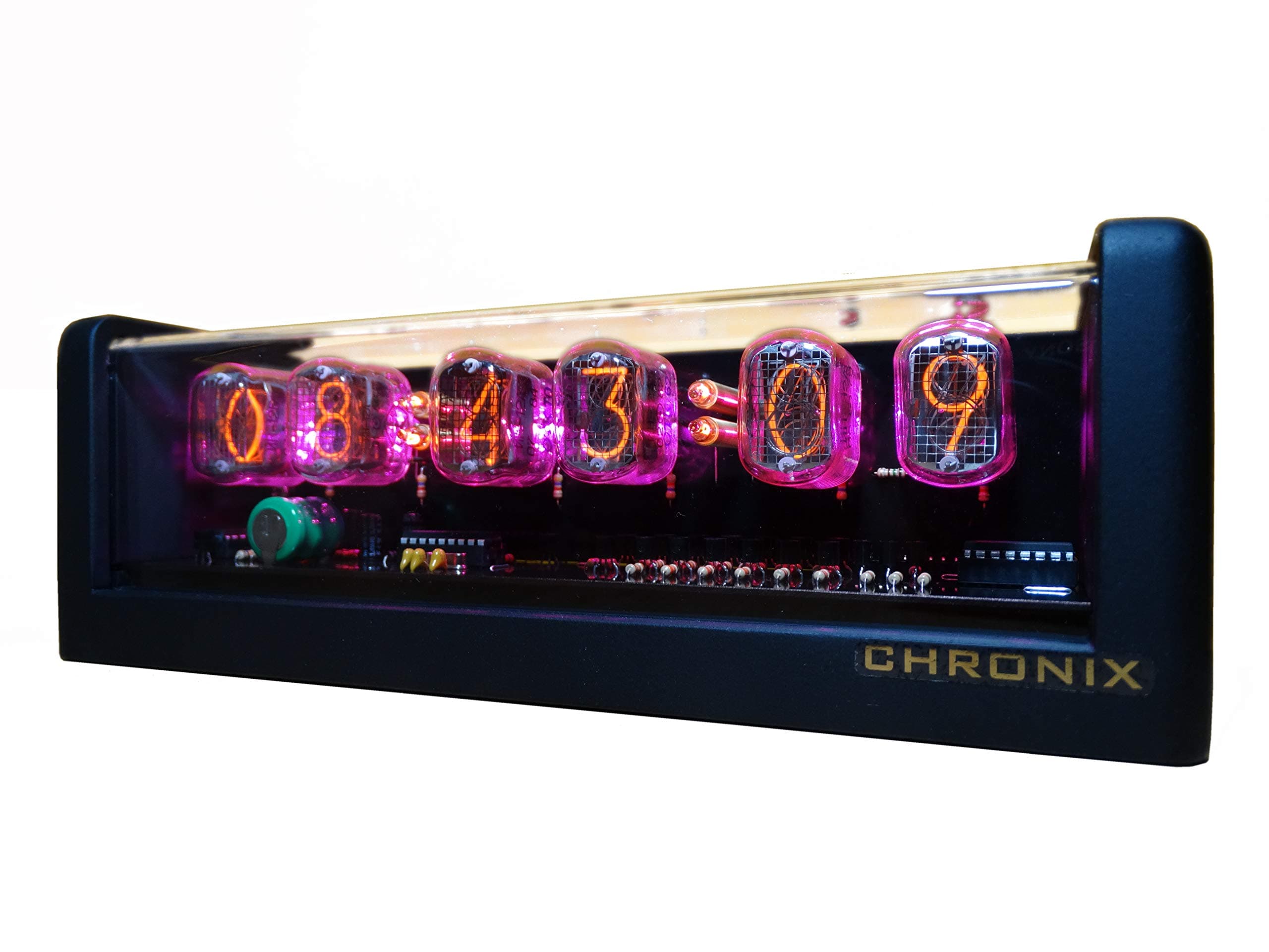 CHRONIX Vintage Nixie Tube Clock with 6xIN-12 displays & alarm & pink backlight & wooden case black mat finish