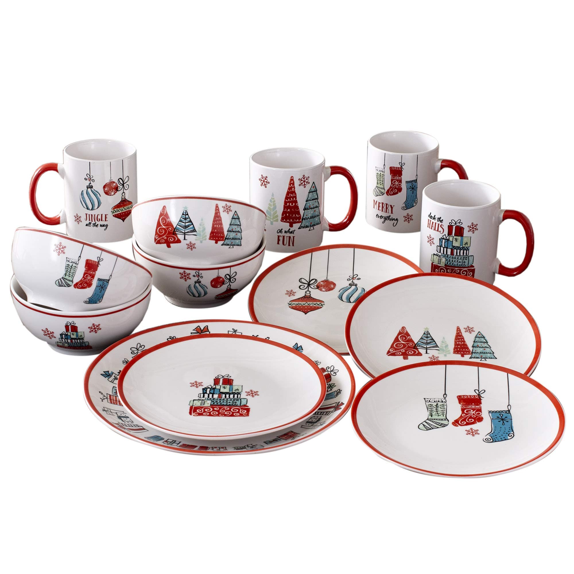 American AtelierHoliday Christmas Round Dinnerware Set – 16-Piece Stoneware Party Collection w/ 4 Dinner Salad Plates, 4 Bowls & 4 Mugs – Unique Gift Idea, 10.5", White/Red