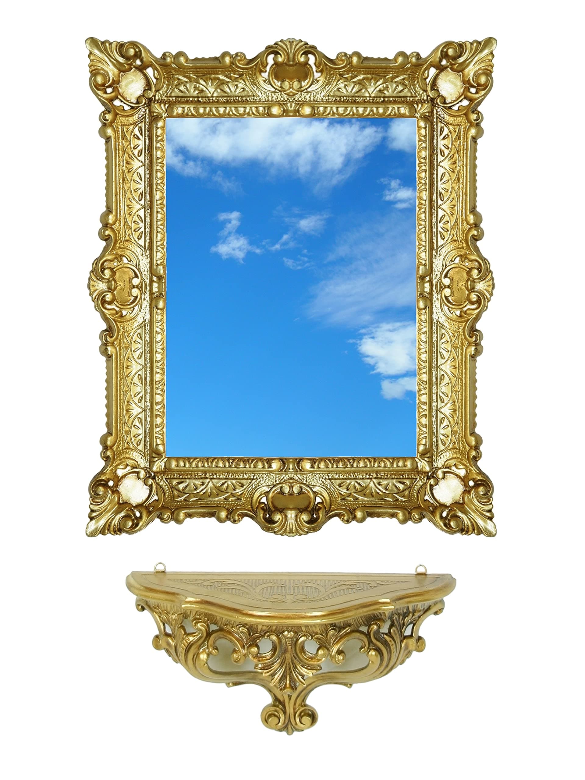 Ideacasa Complete Rectangular Mirror Plus Shelf Console Gold Baroque Style Faux Vintage Golden