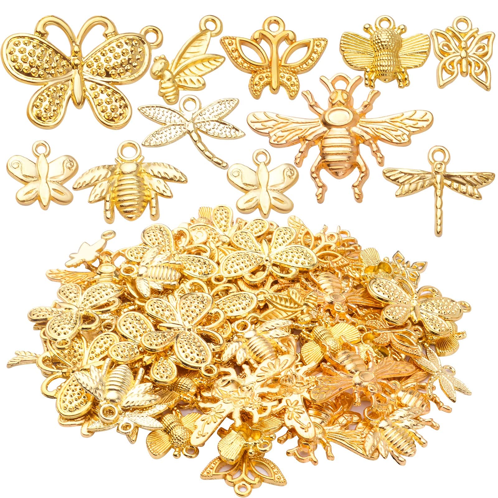 100pcs Gold Plated Mixed Butterfly Dragonfly Honeybee Charms Alloy Insect Dangle Pendants Craft Supplies for DIY Necklace Bracelet Jewelry Making Findings Accessory, 10 Styles