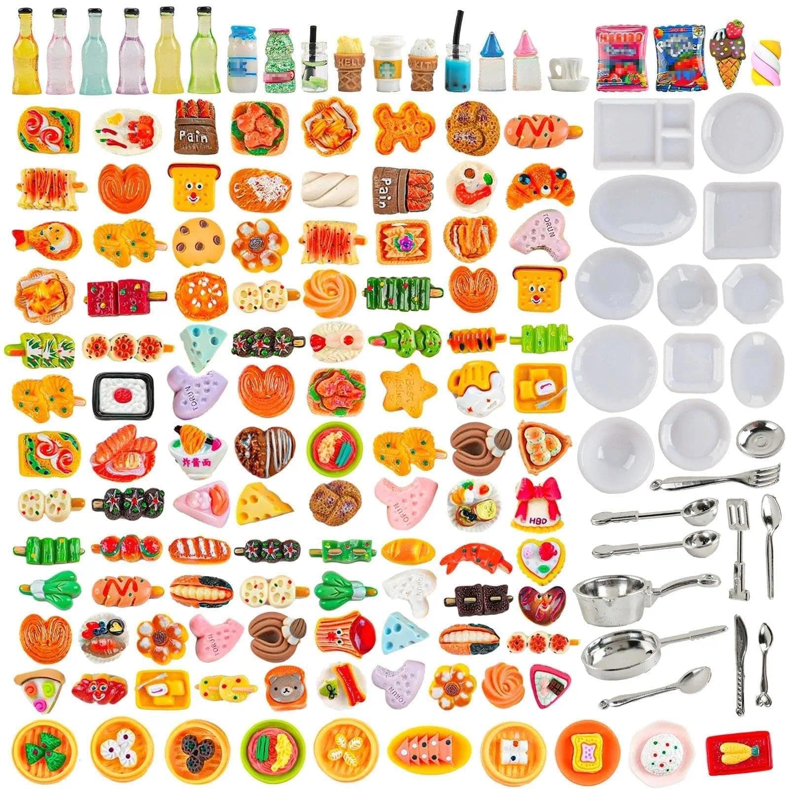 HKLMRO 150Pcs Miniature Food Drink Bottles Adults Dollhouse Soda Pop Cans Pretend Play Kitchen Cooking Game Party Accessories Toys Hamburger Cake Ice Cream Pizza Bread Tableware Doll House Landscape