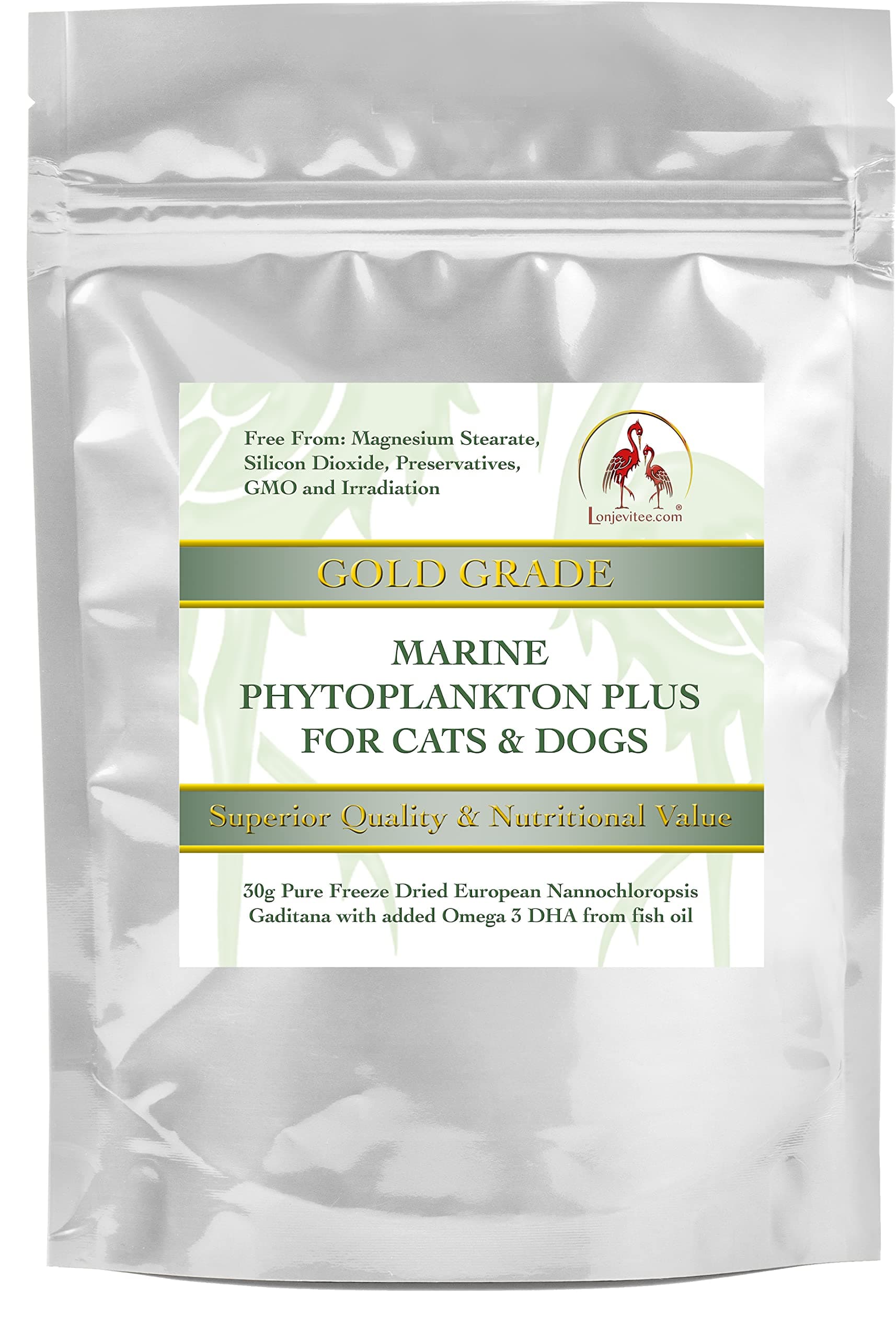 Lonjevitee Phytoplankton Plus Gold Grade for Cats & Dogs, 13.1% DHA and 3.9% EPA, now free from fish oil. 30 g Pouch