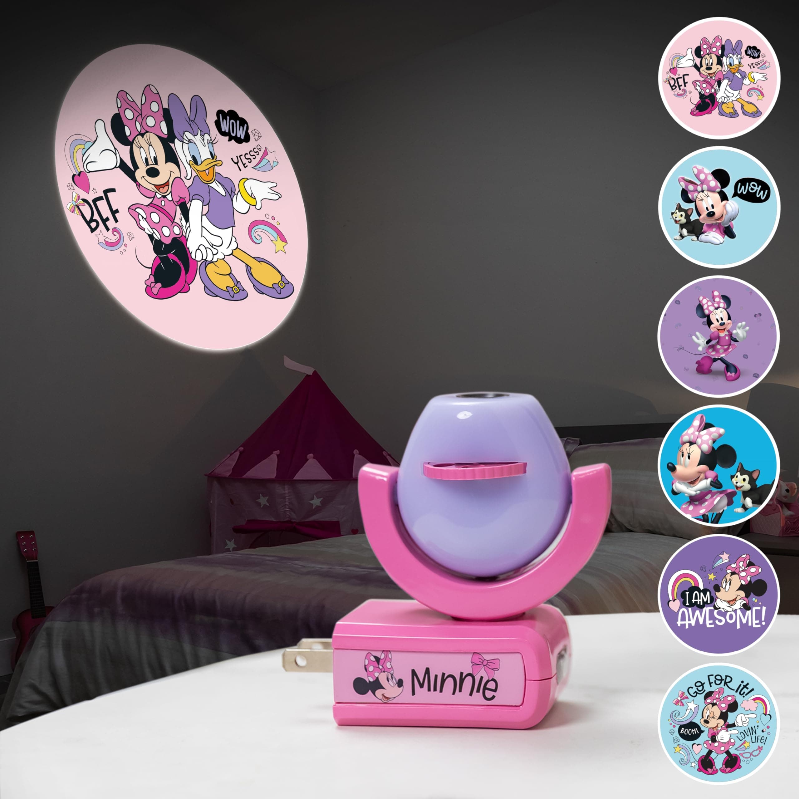 Projectables Disney Minnie Mouse LED Kids Night Light, Projector, Dusk to Dawn, Plug-in, Mickey Mouse, for Kids, Girls Bedroom, Playroom, Gaming Room, Nursery, 57958