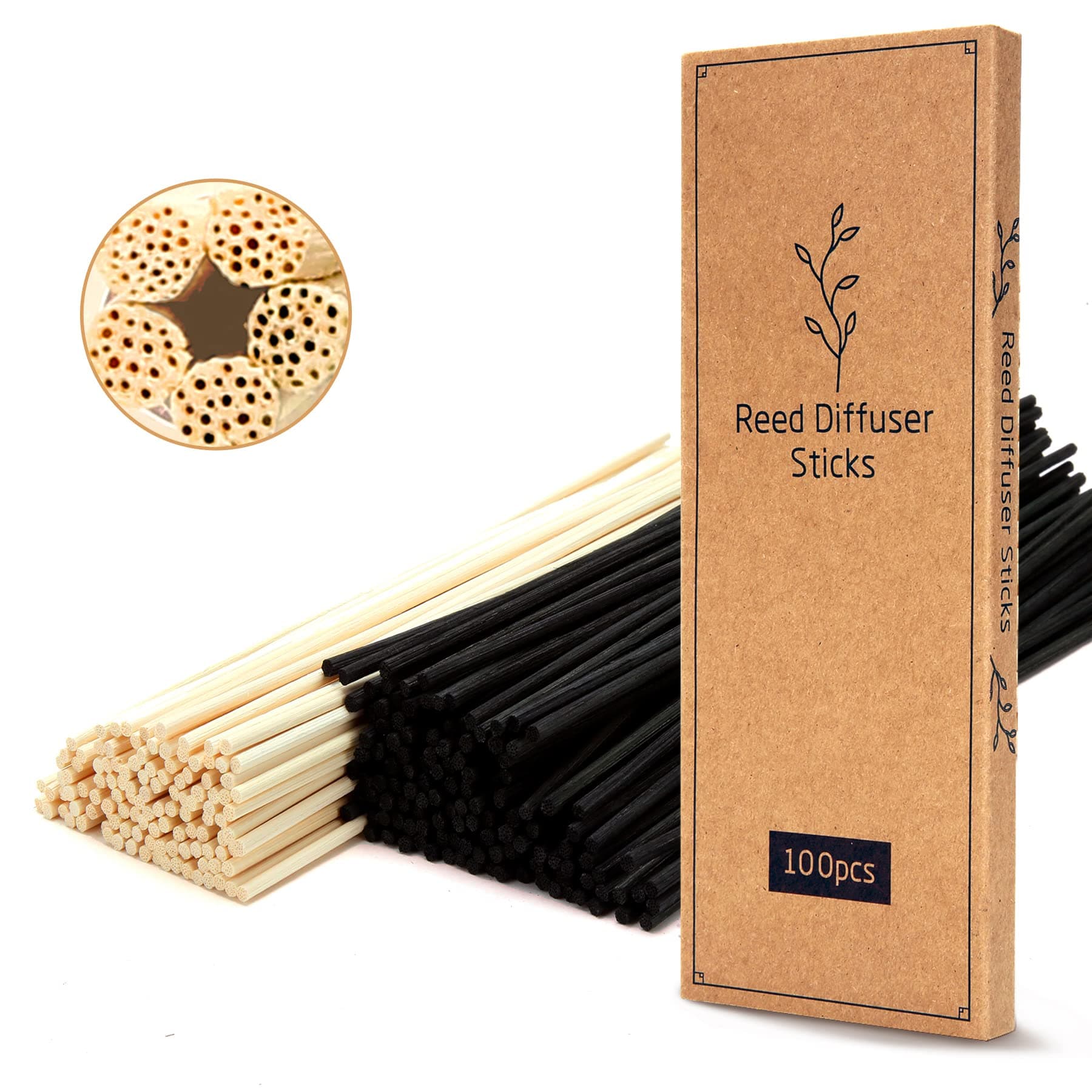TOMCENXI 100PCS Reed Diffuser Sticks,10 Inch Natural Rattan Wood Sticks,Diffuser Refills,Essential Oil Aroma Diffuser Replacements Sticks for Home,Office (Black Color and Natural Color)