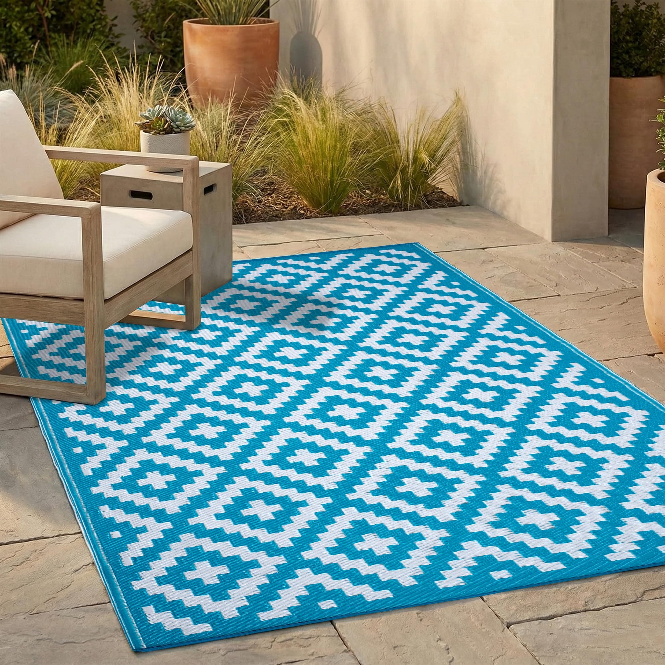 Outdoor Rug - Waterproof, Fade Resistant, Reversible - Premium Recycled Plastic - Geometric - Patio, Deck, Porch, Balcony, Laundry Room - Aztec - Teal & White Crease Free - 4 x 6 ft
