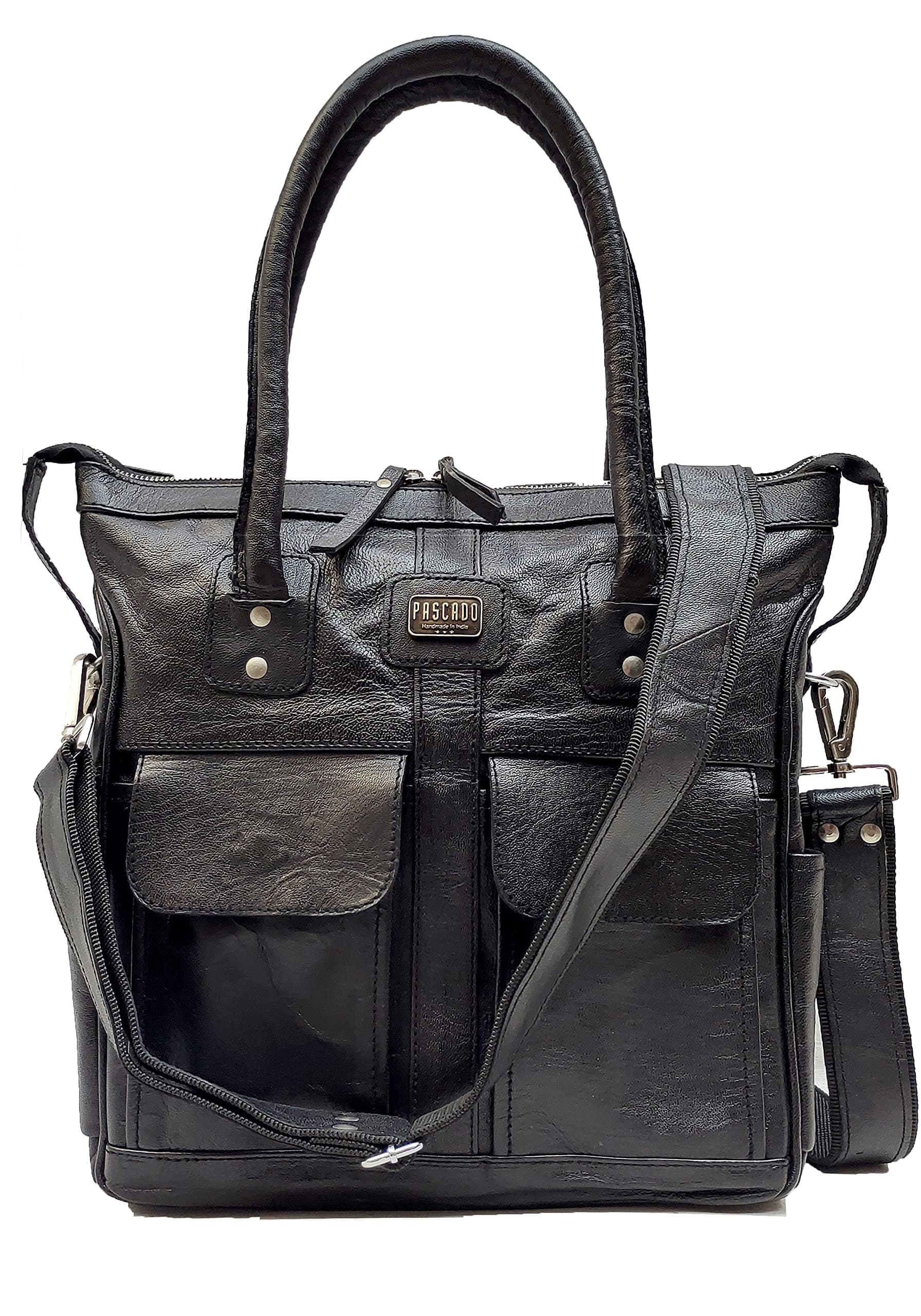 Pascado Vintage Black leather tote purse satchel handbag for women with zipper and pockets -Voyage Black