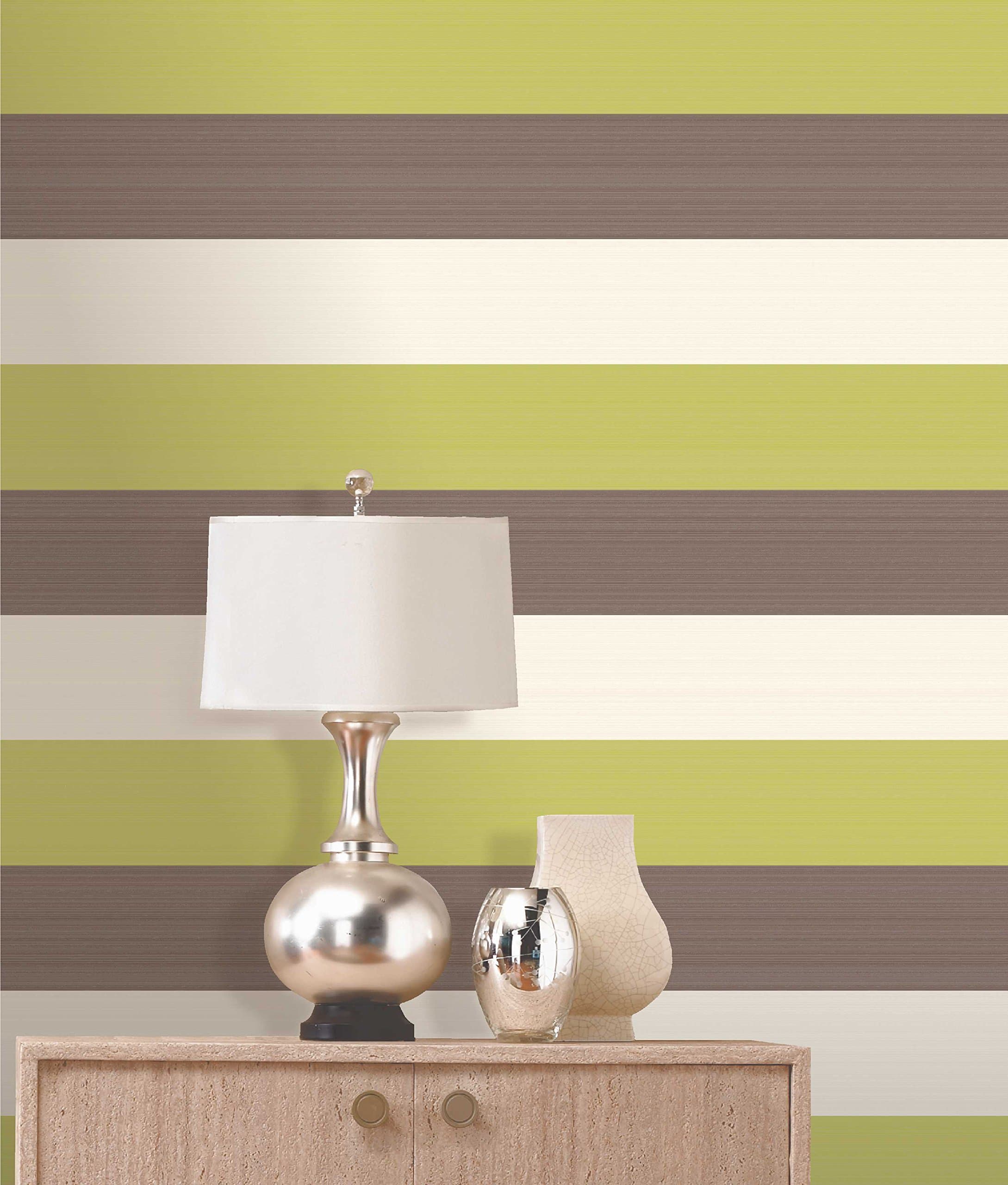 Olivia II Chocolate Cream and Green Striped Wallpaper 6156
