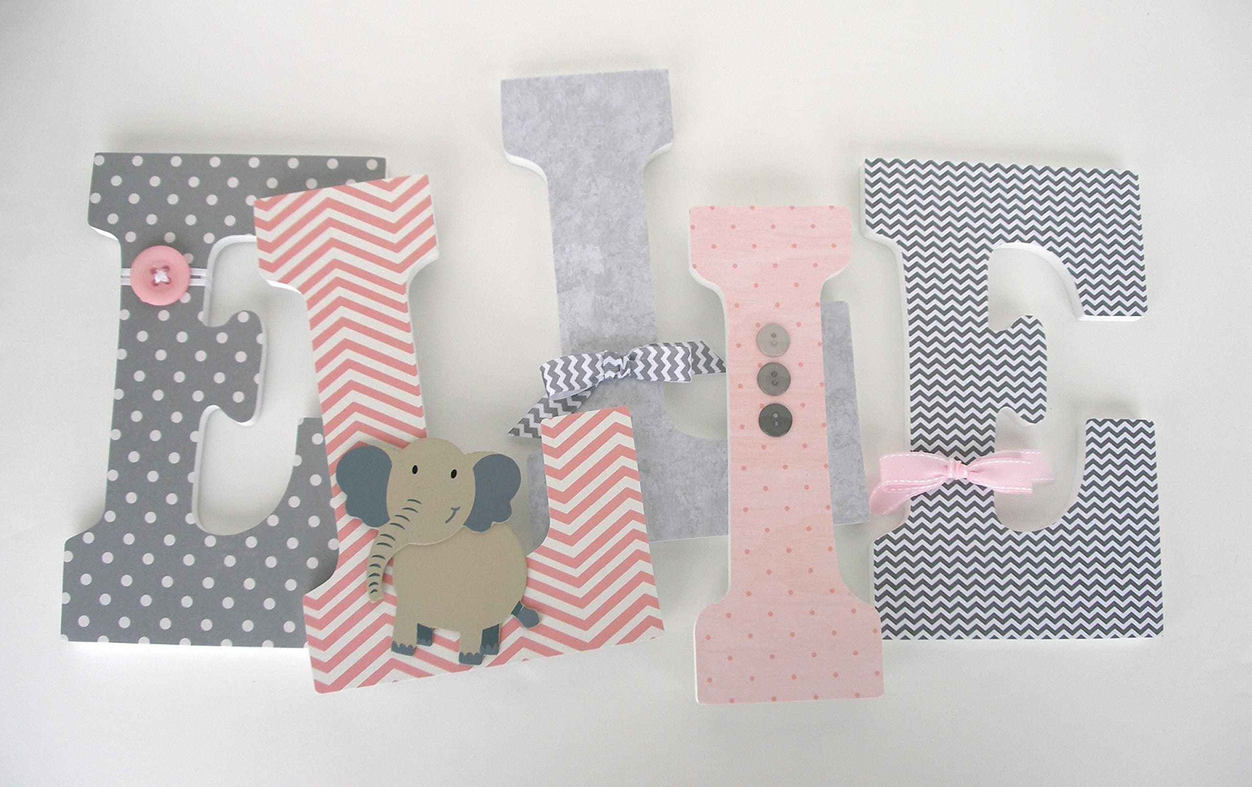 Pink and Gray Elephant Custom Wooden Letters, Baby Girl Nursery Decor, Large 9 Inch Bedroom Decorations, Wood Name Art for Walls