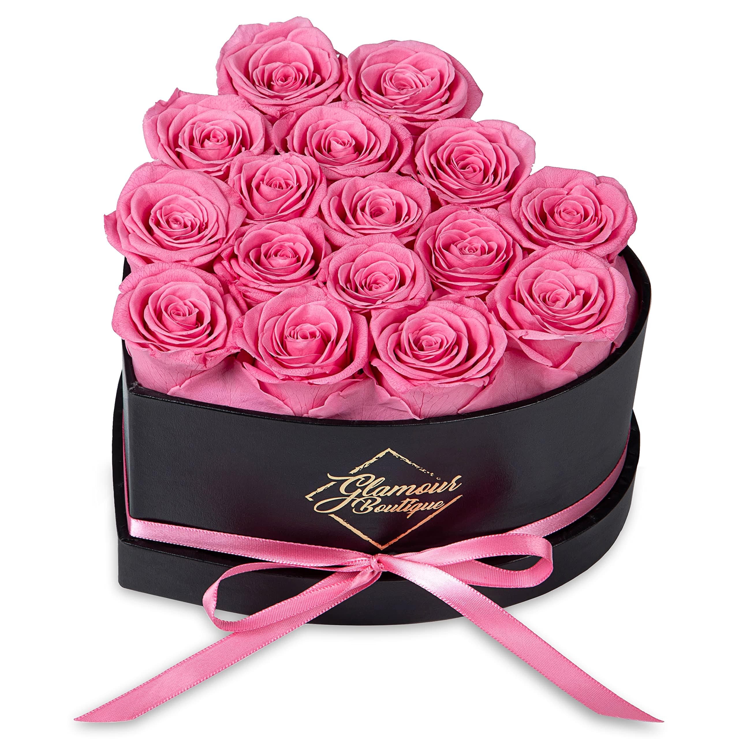 GLAMOUR BOUTIQUE 16 Flower Forever Heart Shape Box, Eternal Preserved Roses Gift for Her, Lasting Flowers, Romantic Floral Keepsake for Birthday, Anniversary or Valentine’s Day, Pink (Color-Treated)