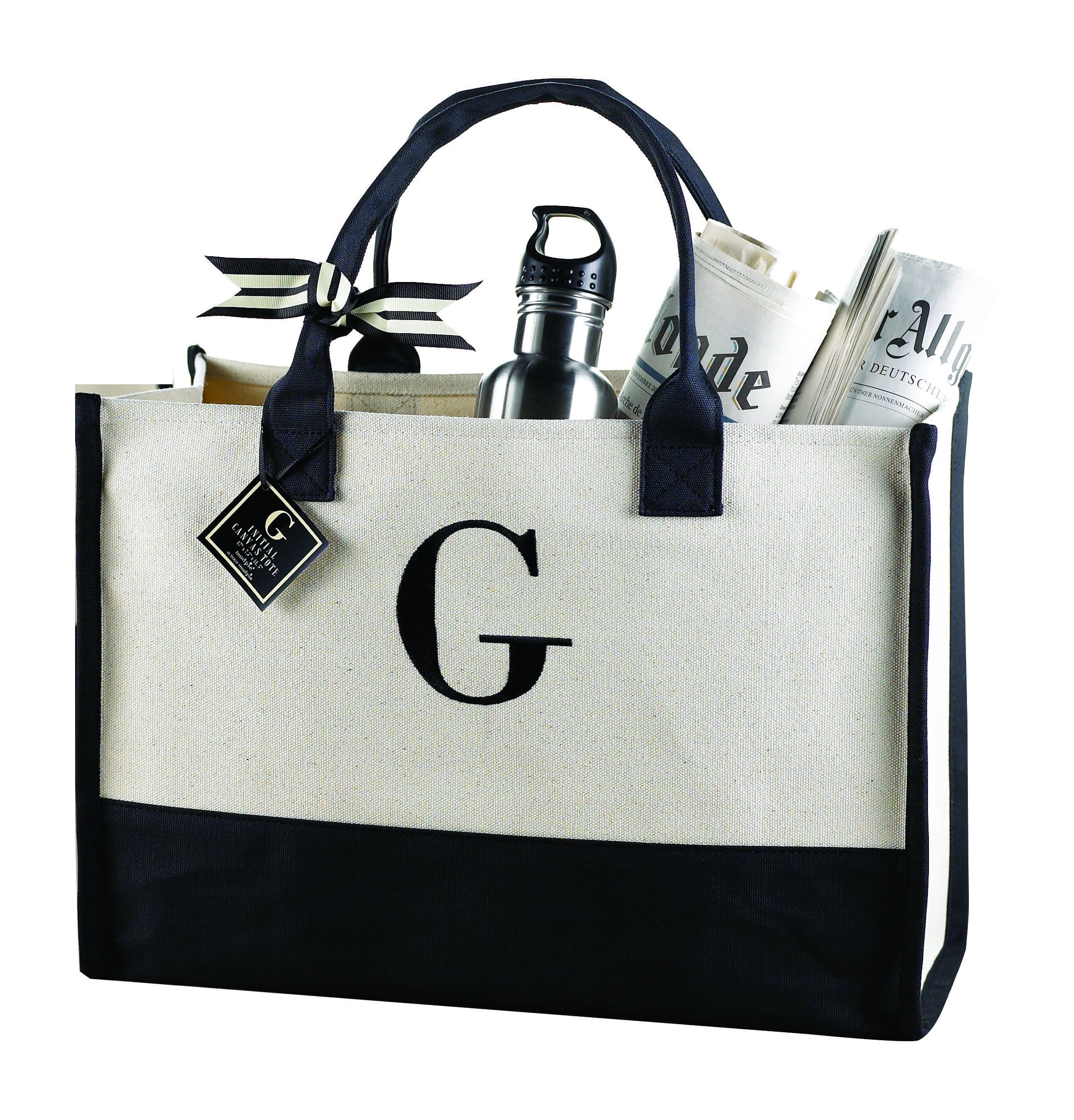 Mud Pie Classic Black and White Initial Canvas Tote Bags (A), 100% Cotton, 17" x 19" x 2"