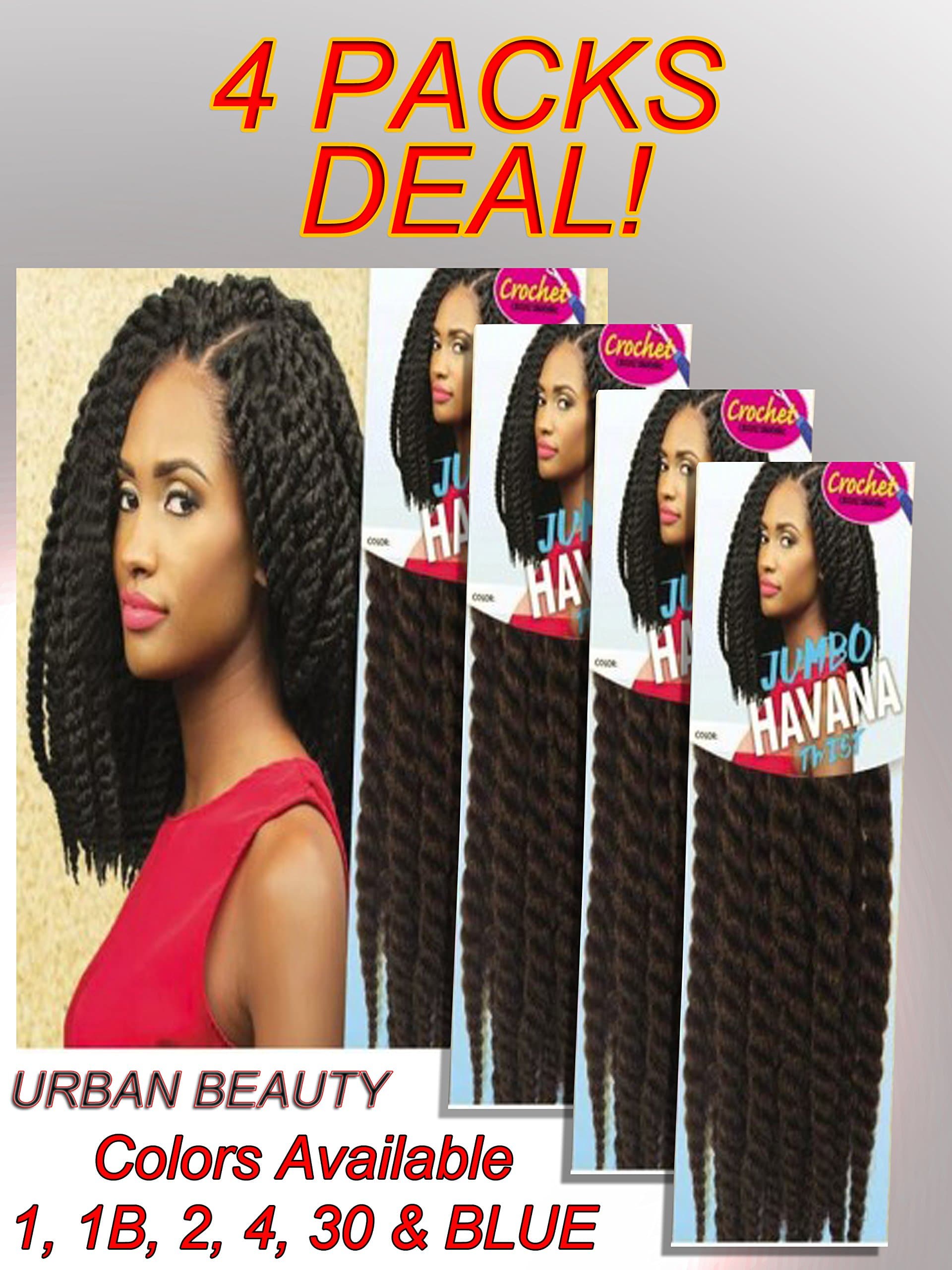 4 Packs Deal Urban Beauty NaturAll Jumbo Havana Twist 14" long Crochet Braidable Hair (1B)