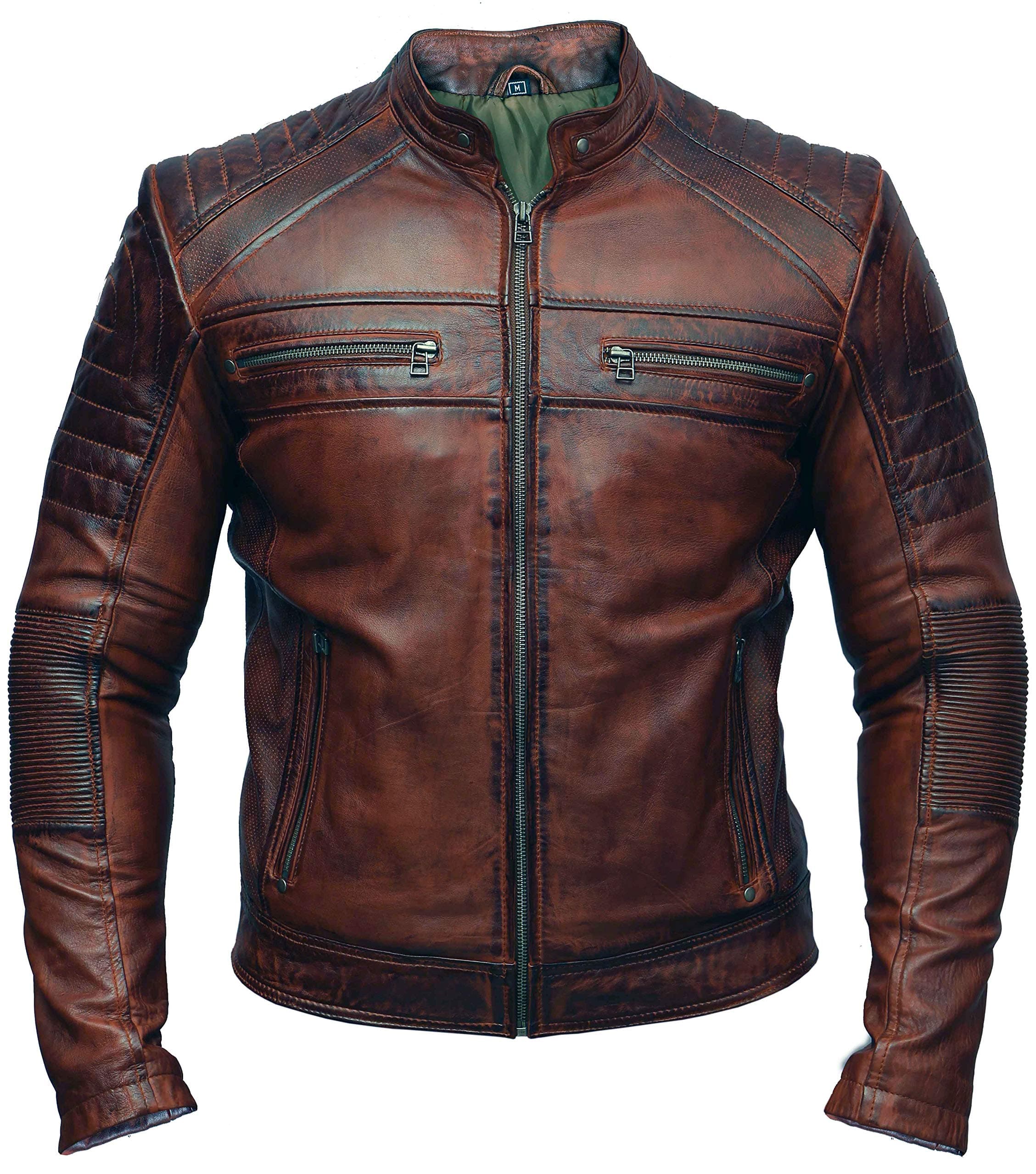 Mens Biker Vintage Antique Brown Cafe Racer Real Leather Jacket