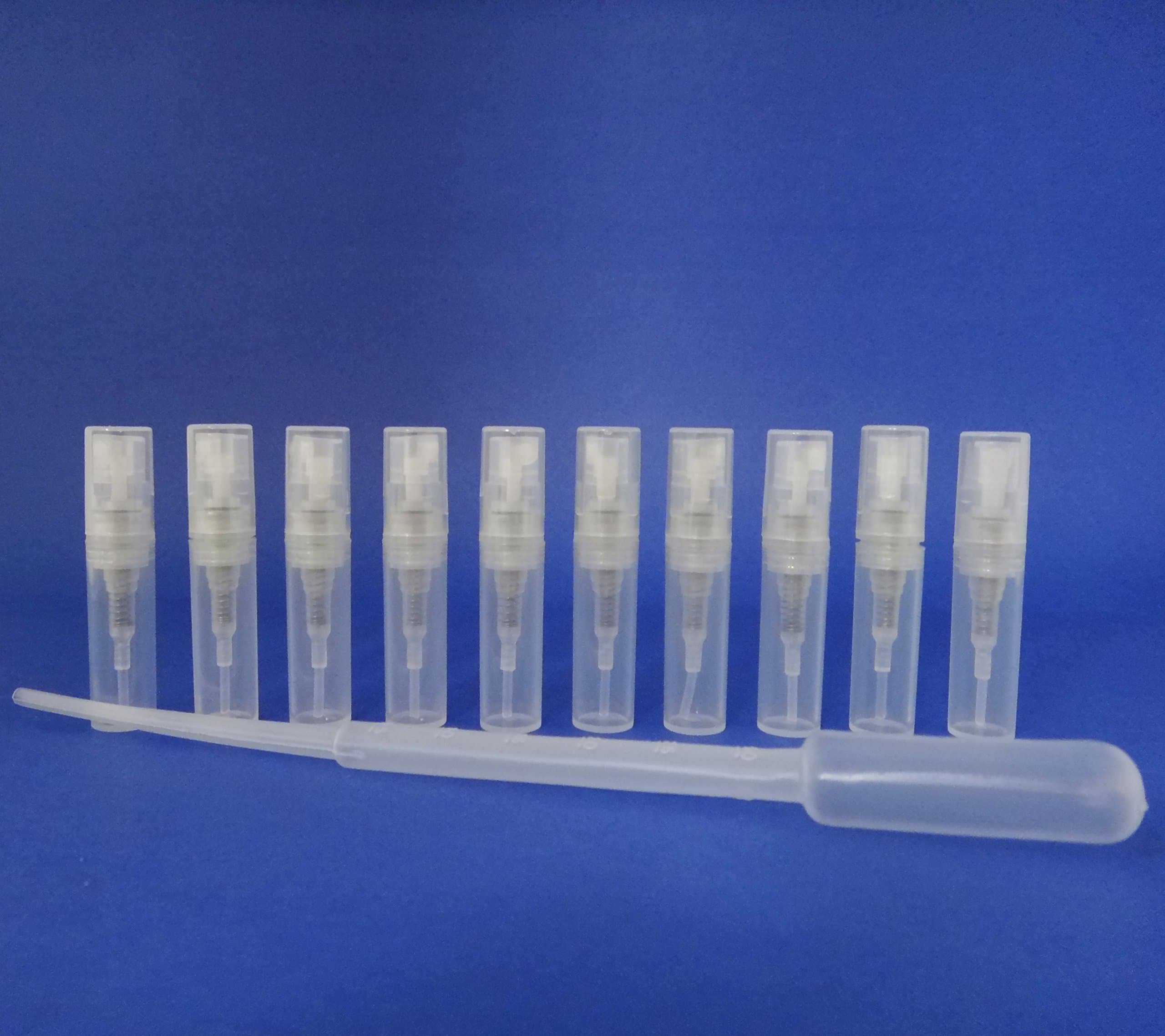 10 Pcs 2ml Refillable Atomizer Plastic Mini Spray Perfume Lotion Bottle with a Transfer Pipette