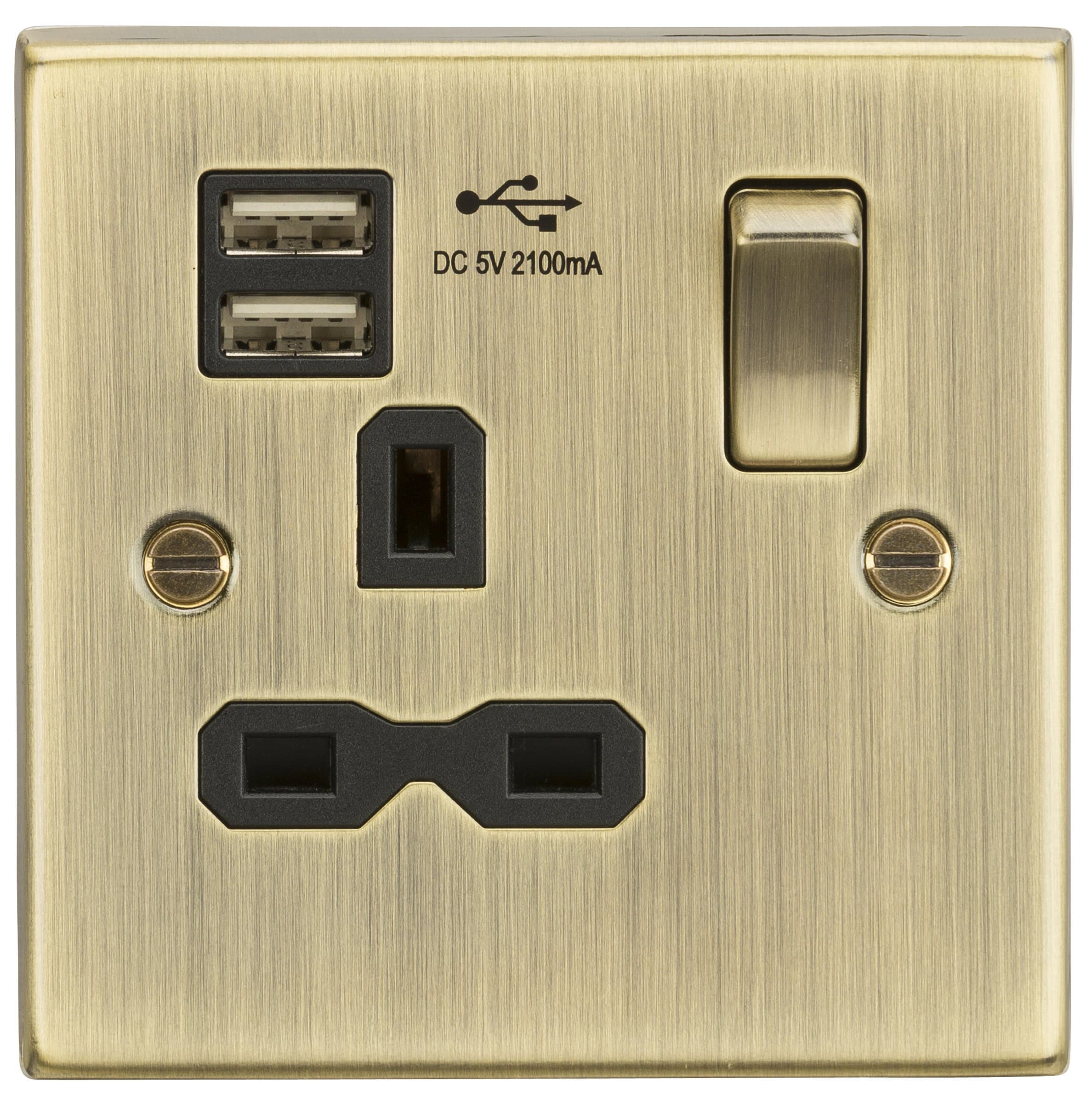Knightsbridge CS91AB Square Edge Antique Brass 13A 1G Switched Socket Dual USB Charger Slots with Insert