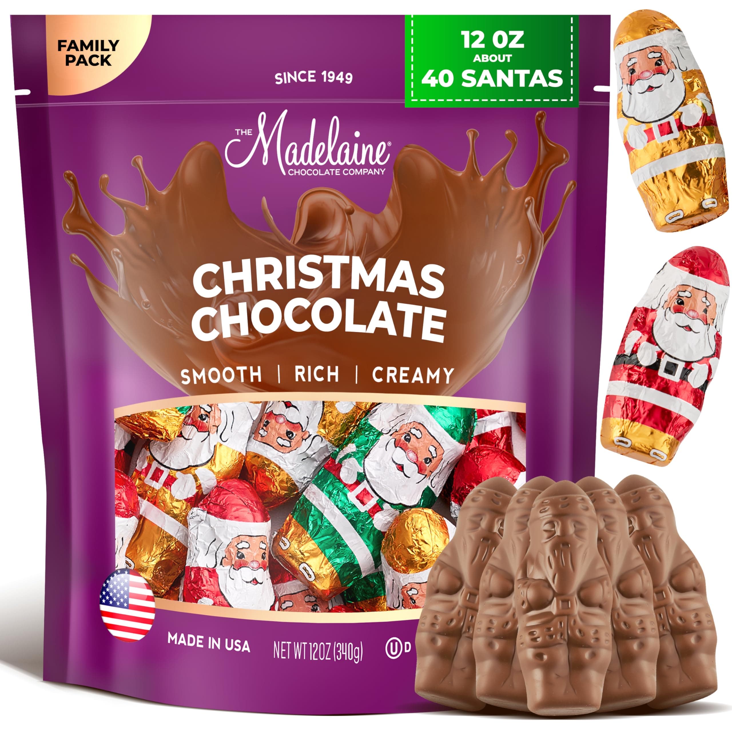 Madelaine Milk Chocolate Mini Santa Candies – Individually Wrapped Holiday Chocolates – Christmas Candy Stocking Stuffers – 12 oz (40 Mini Santas)