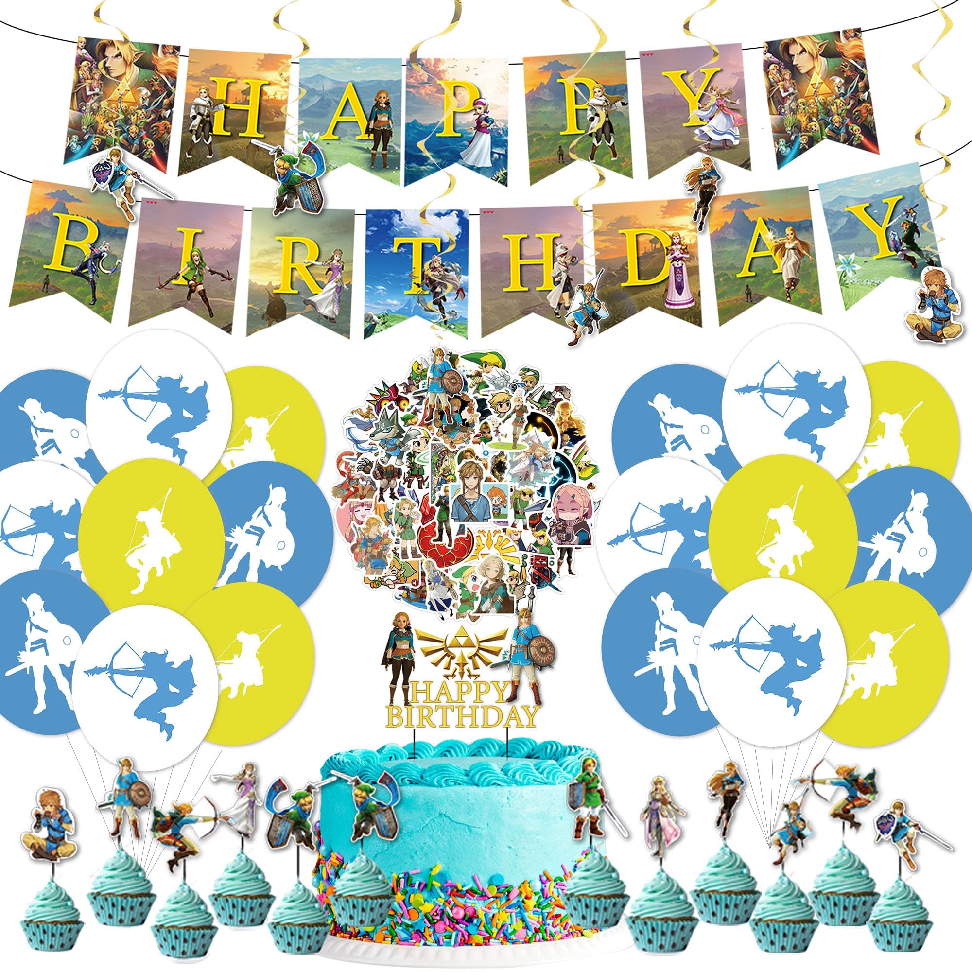 Zelda Party Supplies, Zelda Birthday Party Decorations Includes Happy Birthday Banner, Balloons, Swirls,Cake & Cupcake Topper for Zelda Theme Birthday Party