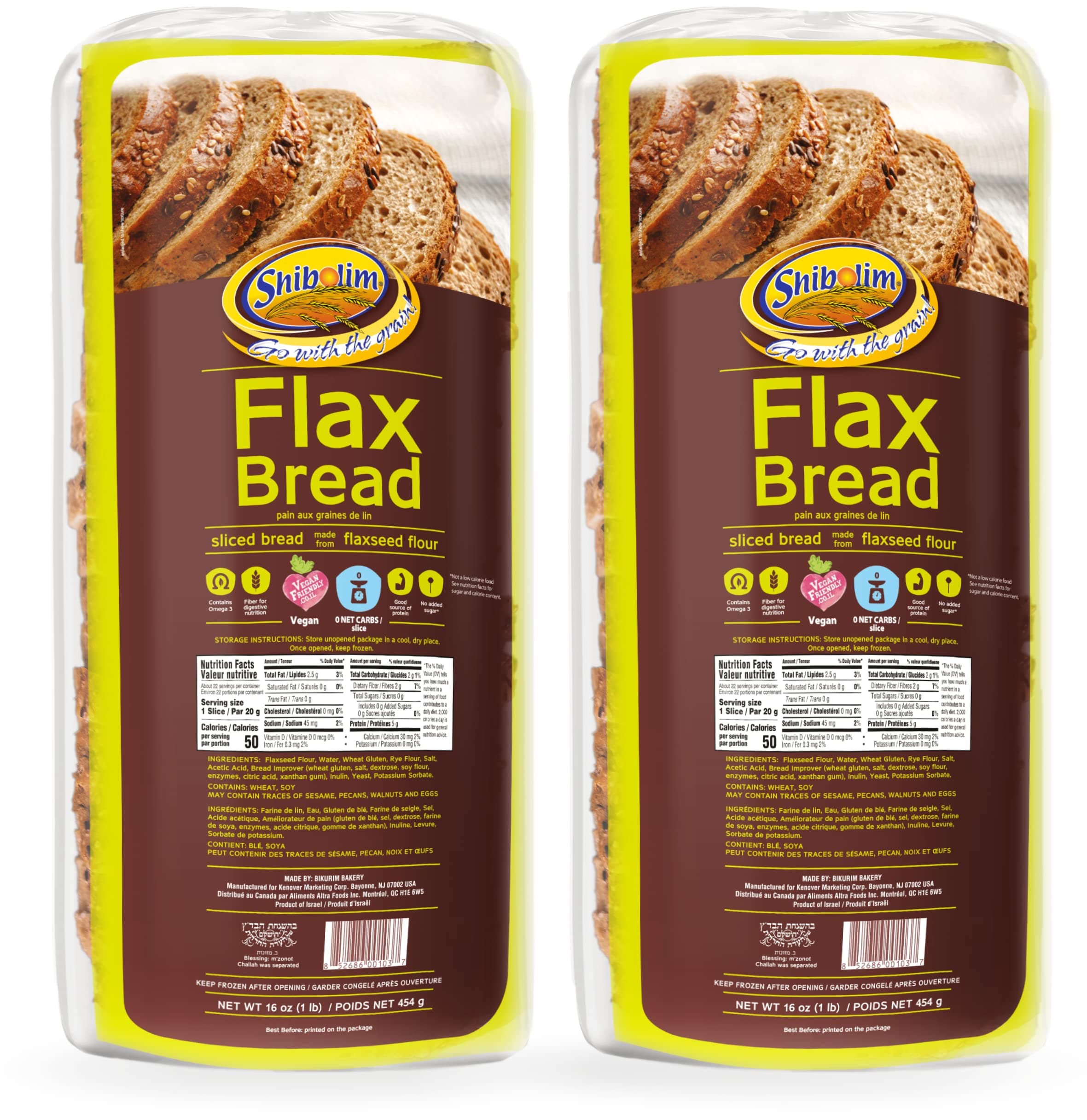 Shibolim FlaxSeed Bread 1lb (2 Pack) Low Carb, Zero Net Carbs Per Serving, Keto Friendly, Rich in Fiber & Protein, Vegan, Certified Kosher, Contains Omega 3, Zero Grams of Sugar