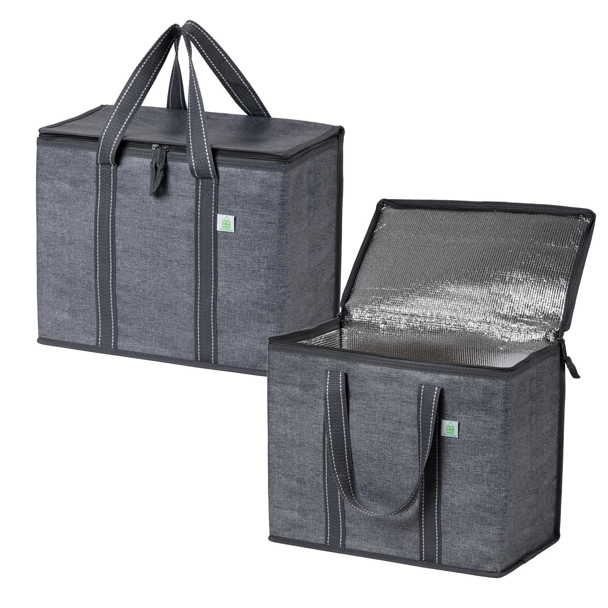 2 Pack Cooler Bag and Insulated Grocery Bags for Food Delivery, Collapsible Cooler. Reusable Shopping Bags for Groceries with Hard Bottom, Zippered Top, Foldable, Heavy-Duty (Gray, 2 Pack)