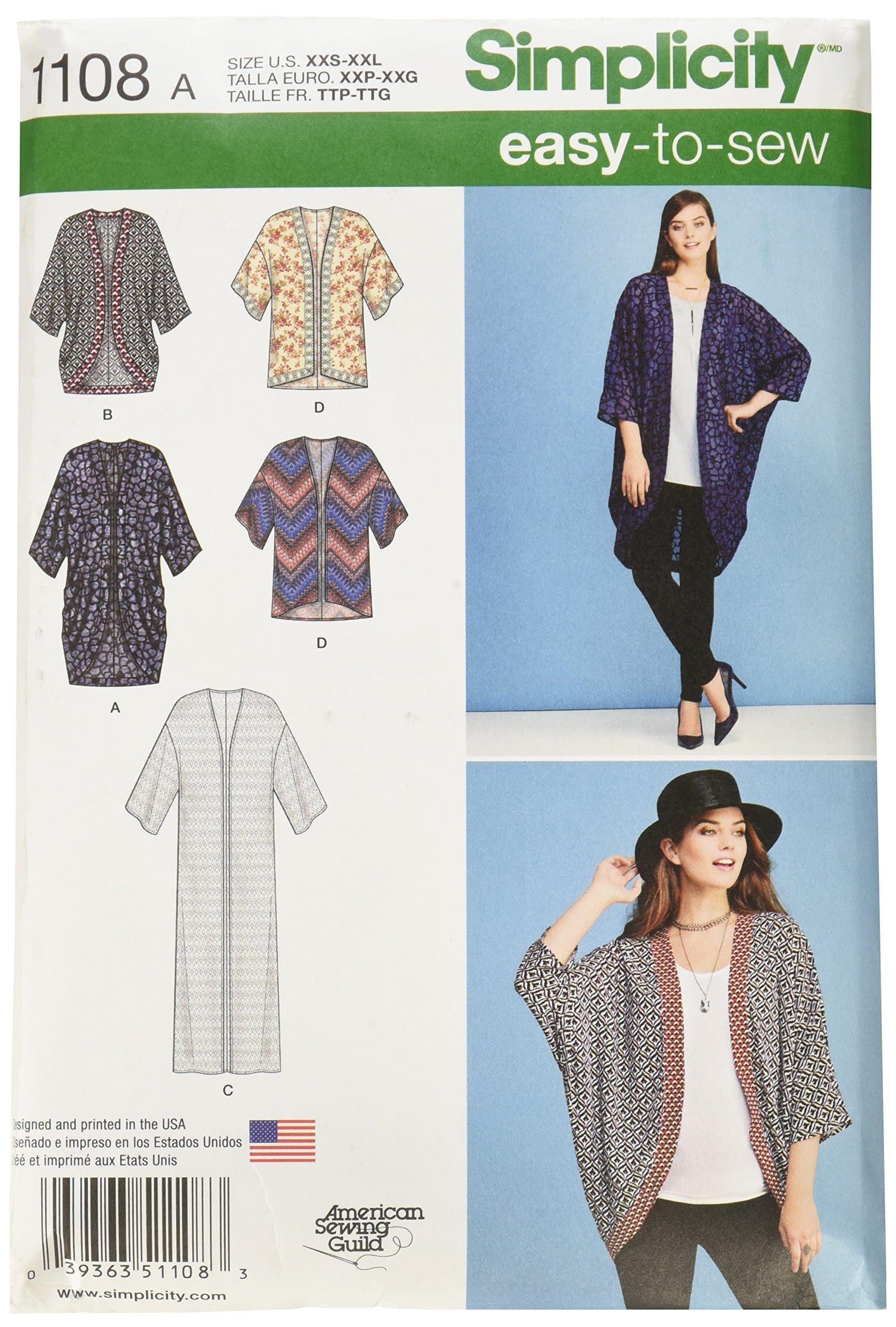 Simplicity US1108A Misses' Kimono and Cardigan Sewing Pattern Kit, Code 1108, Sizes XXS-XXL