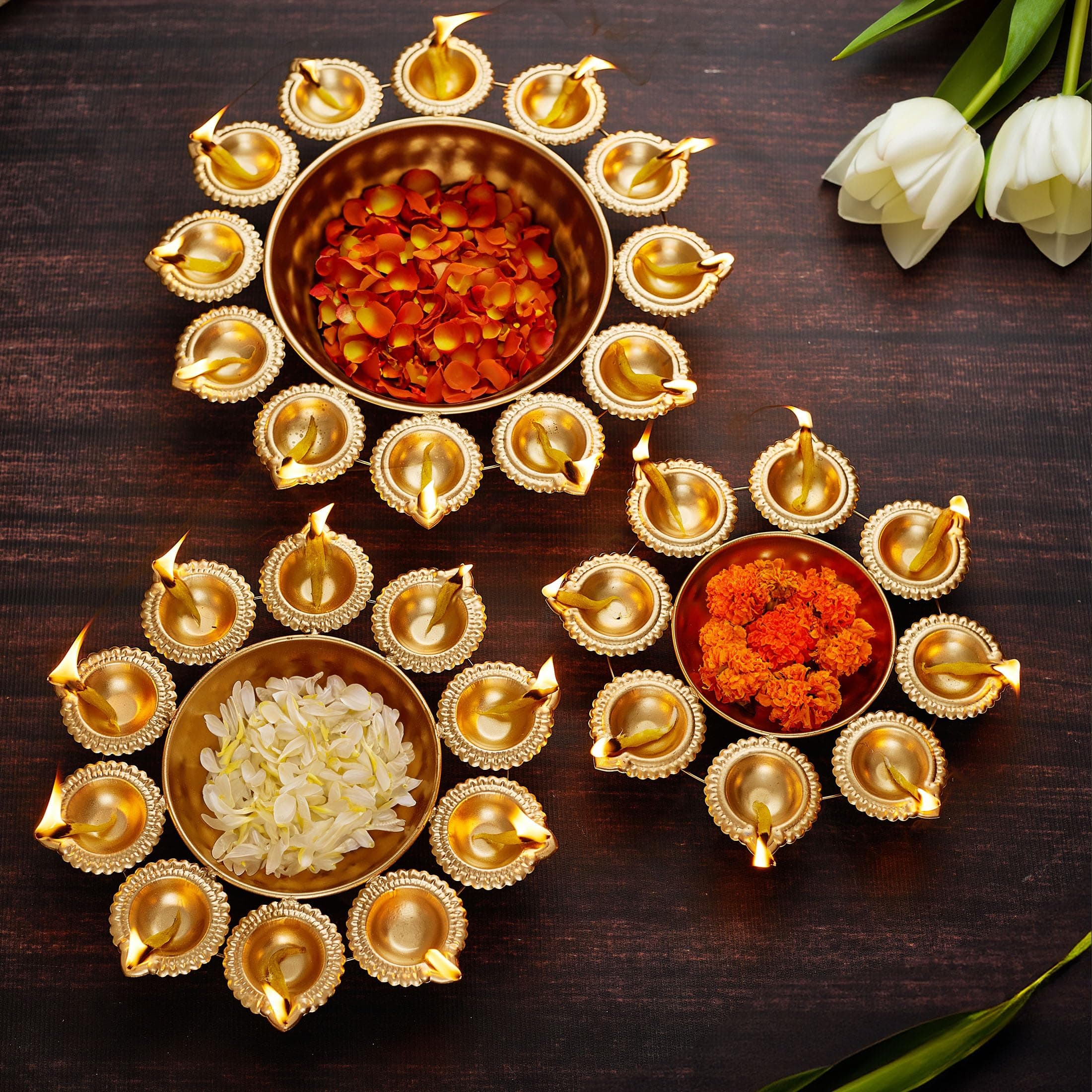 TIED RIBBONS Diya Shape Urli Bowl Set for Decoration | Iron, 10,12,14 Inch | Set of 3 | Flower Decorative Bowl for Wedding, Pooja - Diwali Decorations for House | Ganesh Chaturthi Decoration