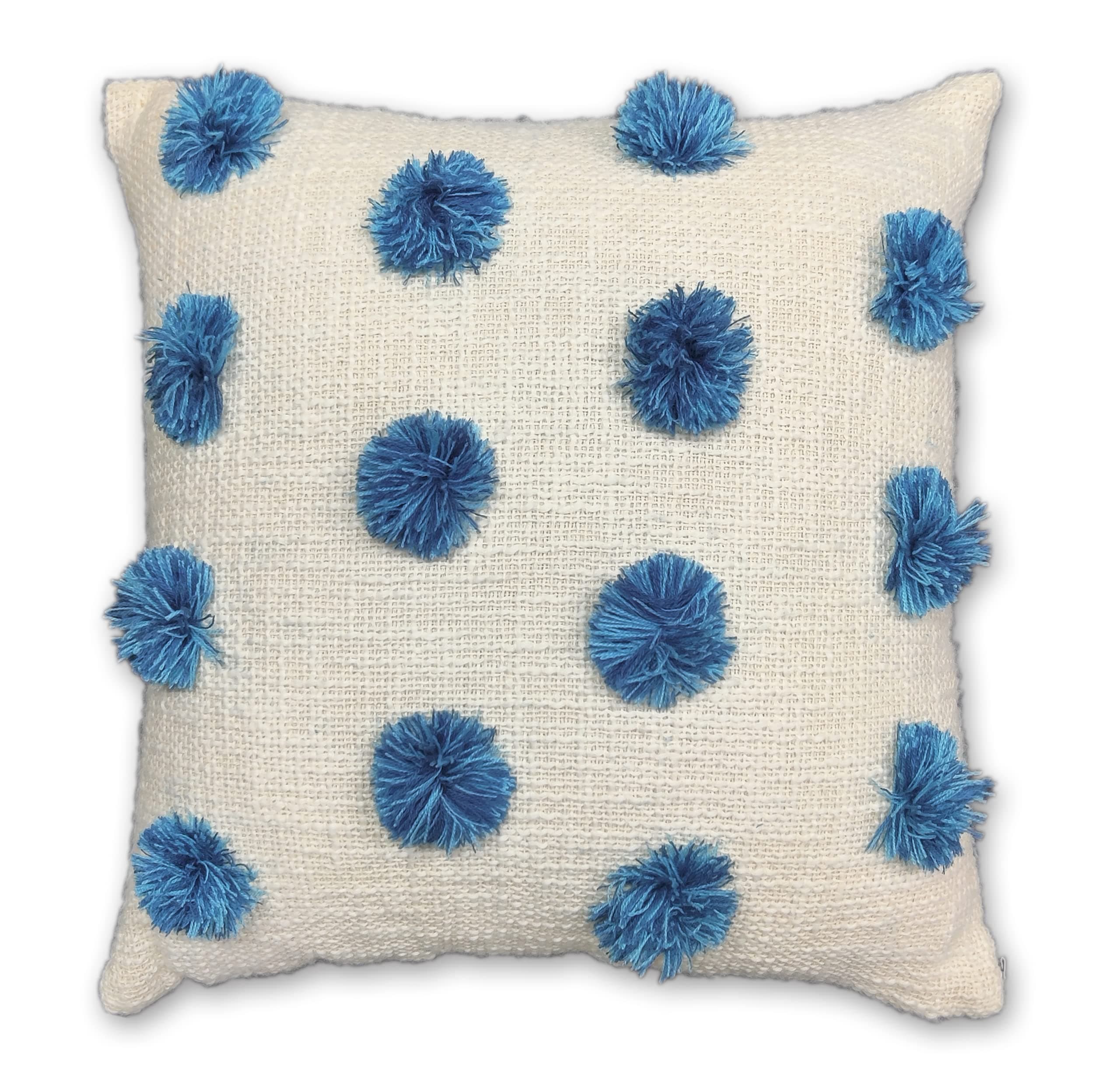 ATARAH Home Cotton Boho Style Decorative Cotton Cushion Cover with Woolen Pom Pom - (Blue)