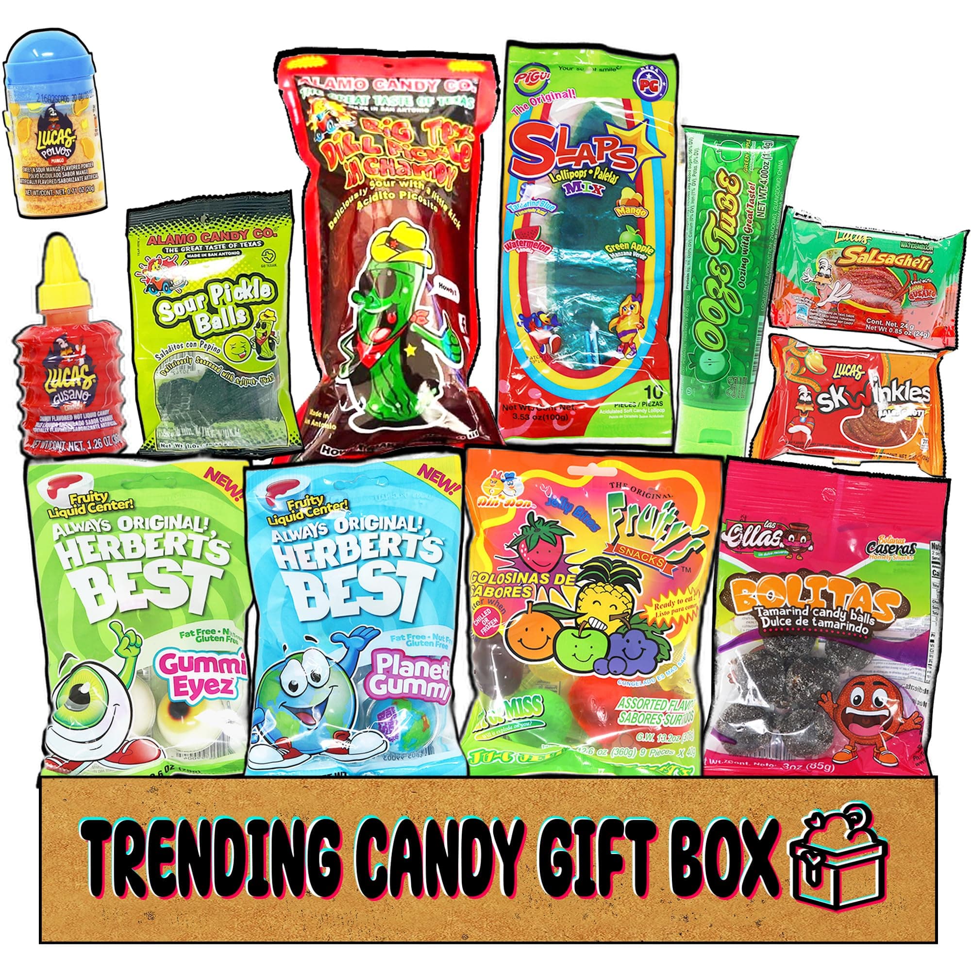 TikTok Candy Gift Box with 12 Viral Treats. Including Popping Jelly Fruit Candy as well as the Chamoy Pickle Kit, Mexican Slaps Candy, and More. Perfect for Tik Tok Trends/Challenges