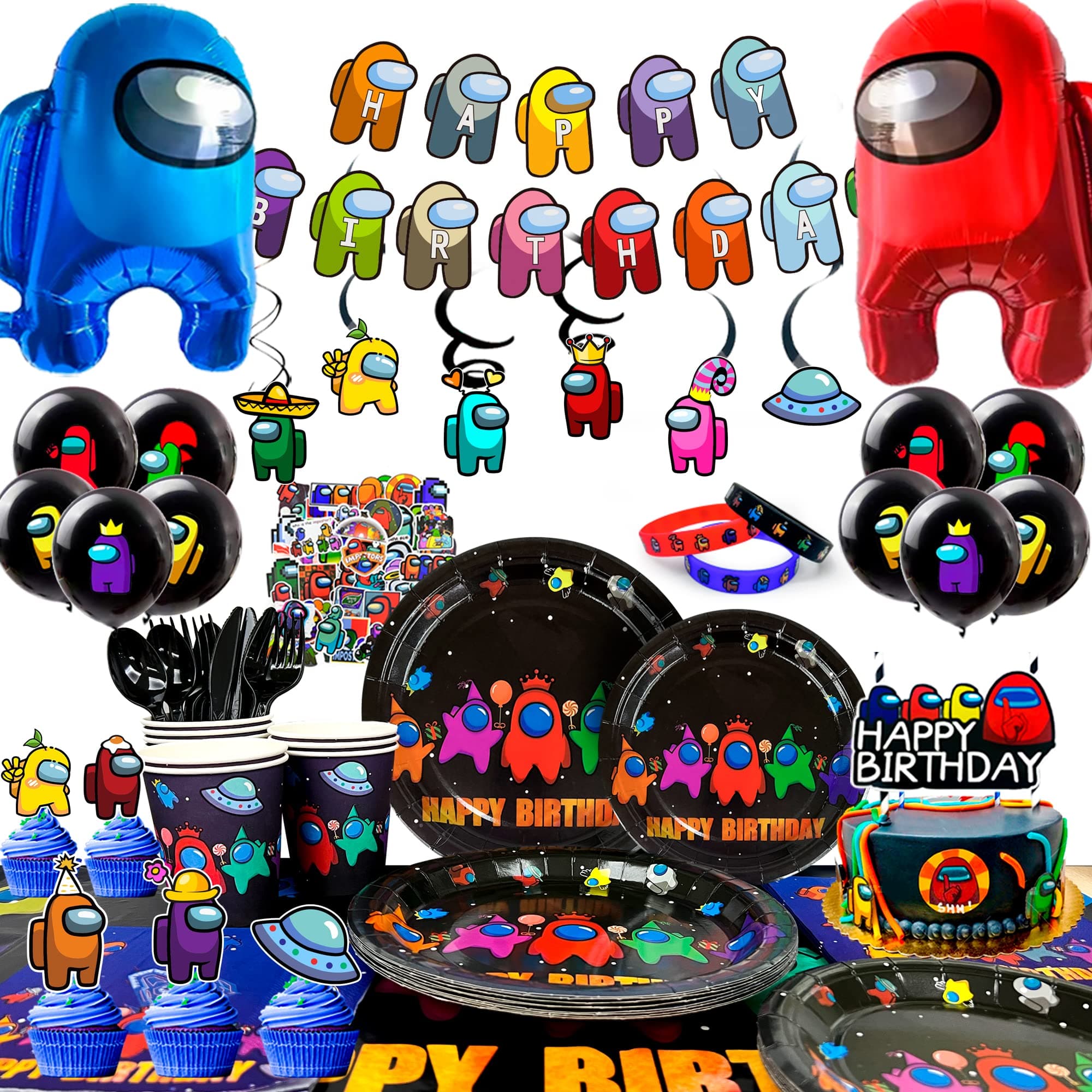 Game Us Birthday Party Supplies,174Pcs Game Us Birthday Decorations&Tableware Set - Game Us Party Plates Cups Tablecloth Balloons Banner Stickers etc Game Us Theme Party Decor Supplies