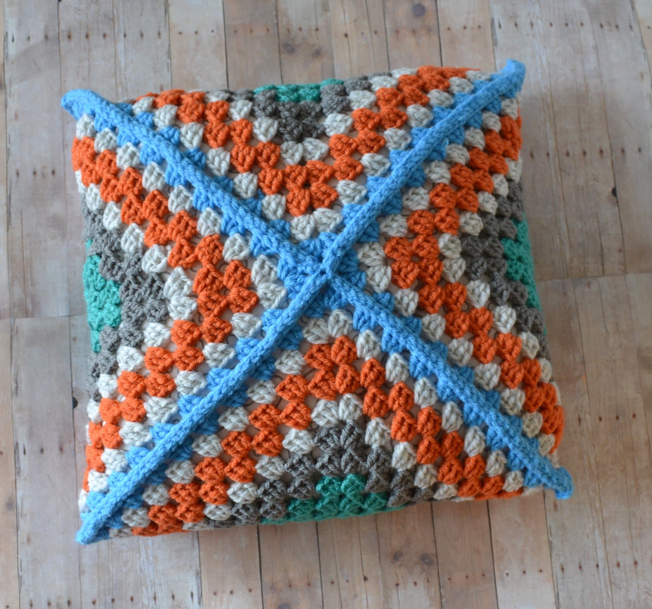 Granny Square Throw Pillow, Modern Crochet Cushion, 14" Square Pillow