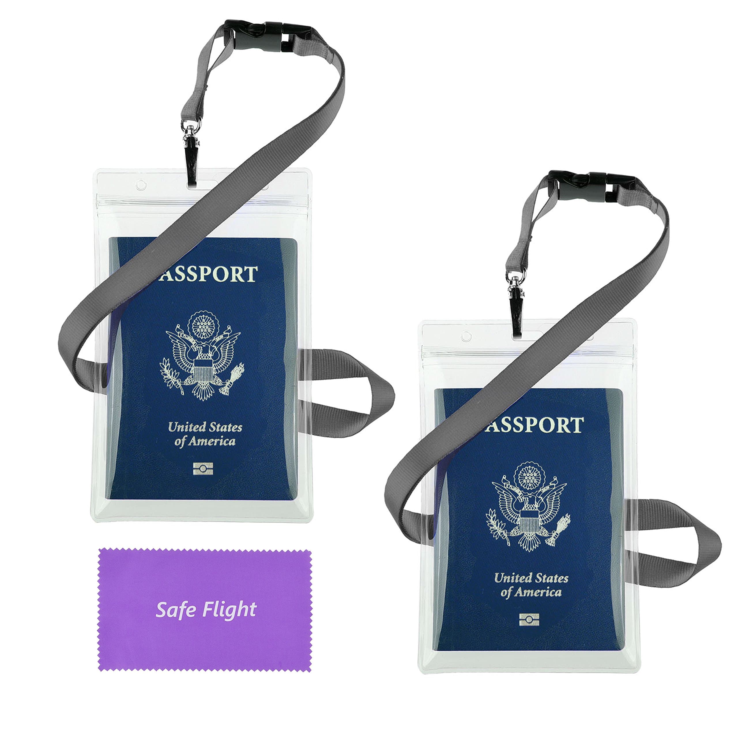 Transparent Passport ID Badge Holder Extra Large 6x4" with 17" Neck Lanyard - 2 Pack Bundle-with Safe Flight Retail Packaging and Cleaning Cloth
