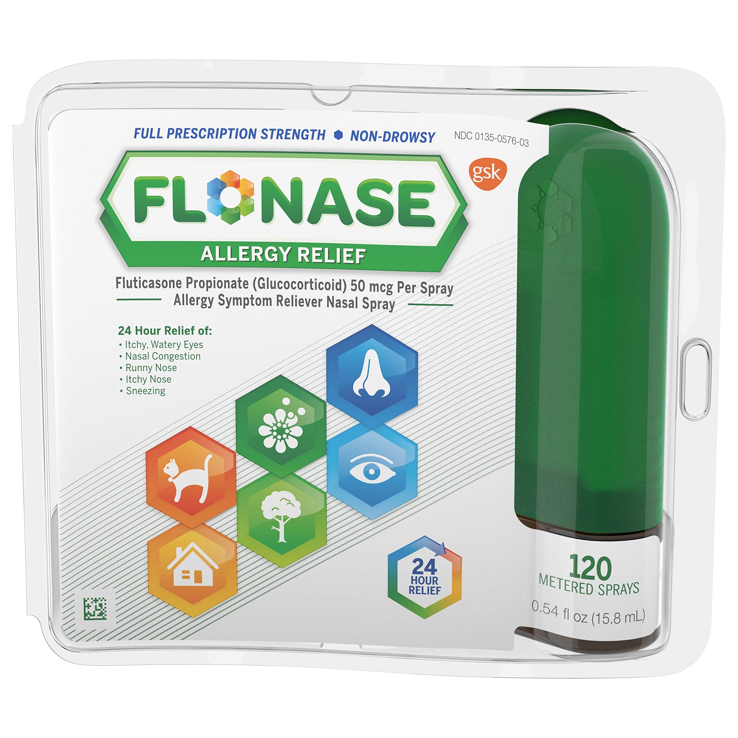 Flonase Allergy Relief Nasal Spray, 24 Hour Non Drowsy Allergy Medicine, Metered Nasal Spray - 120 Sprays, 0.54 Fl Oz (Pack of 1)