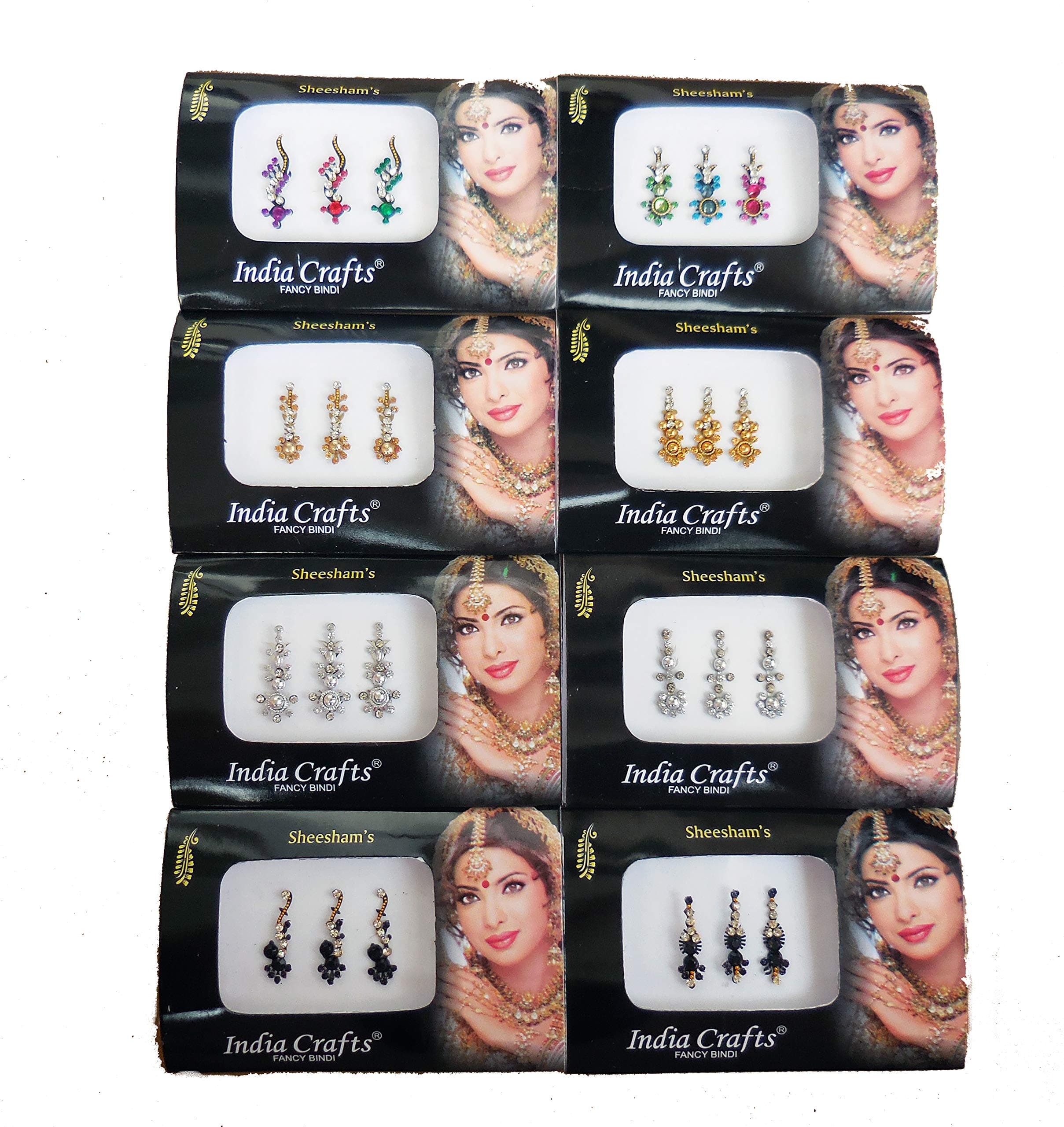 8 Combo Bindi Packs Silver/Gold/Black/Multicolored Face Jewels Bollywood tika