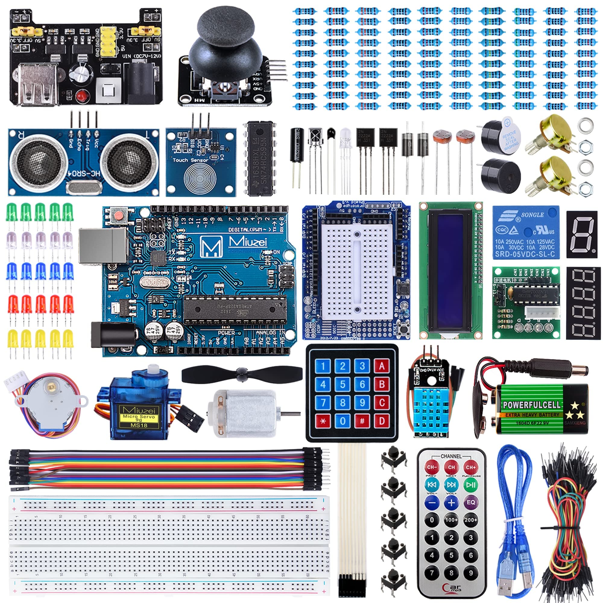 Starter Kit Compatible with Arduino Projects LCD1602 Module, Breadboard, Servo, 9V 1A Power Supply, sensors, LEDs, Detailed Tutorial