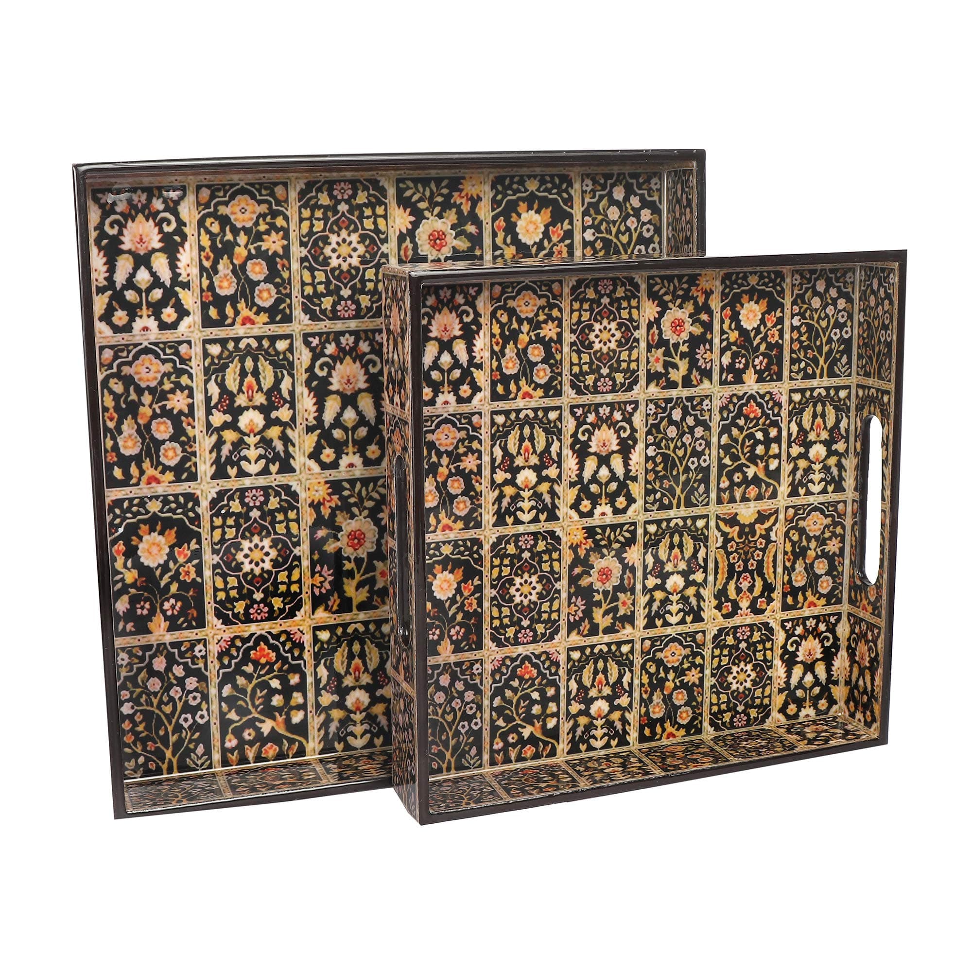 BeFunky Designer MDF Wooden Serving Trays Set with Handle | Set of 2 Trays | with Special Enamel Coating (Brown Flower)